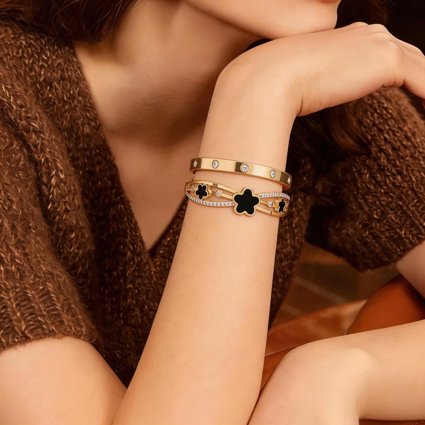 PCY Gold Bracelets For Women,3PC Bangle Gold Plated Bracelets For Women,Trendy Statement Cuff Stackable Bangles Set,Fashion Jewelry for Women. (Medium, Love Gift)
