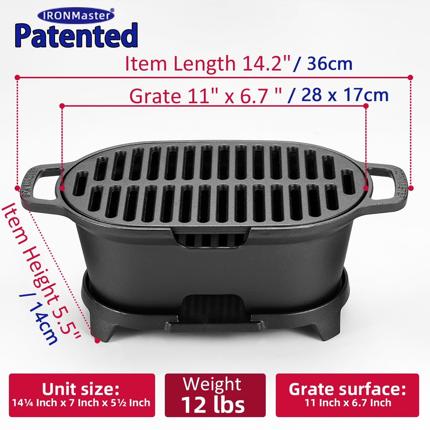 IronMaster Mini 100% Cast Iron Hibachi Grill, Tabletop Small Portable Charcoal Grill for Outdoor Camping, Japanese BBQ Grill Grate Surface 11" x 6.7" Ideal for 2 People