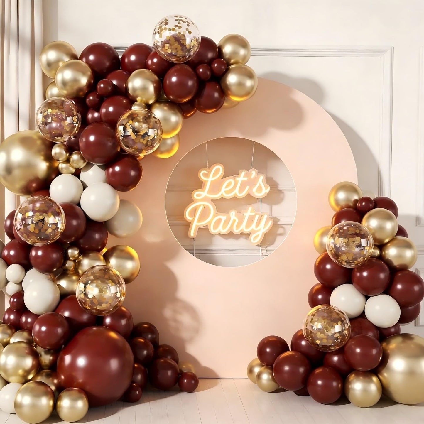 Burgundy Balloon Garland Arch Kit, 174Pcs Burgundy Maroon Gold Sand White Confetti Balloons for Christmas Birdal Shower Graduation Birthday Party Decorations