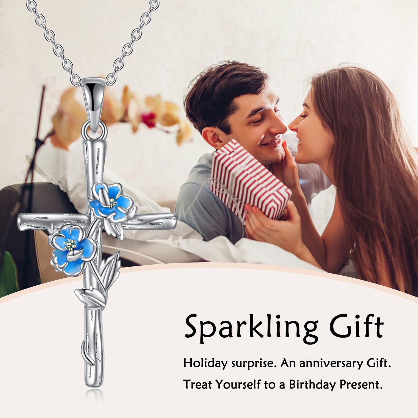 LUHE Women Cross Necklace Sterling Silver Birth Flower Cross Necklace Peony Pendant Necklace Jewelry Gifts