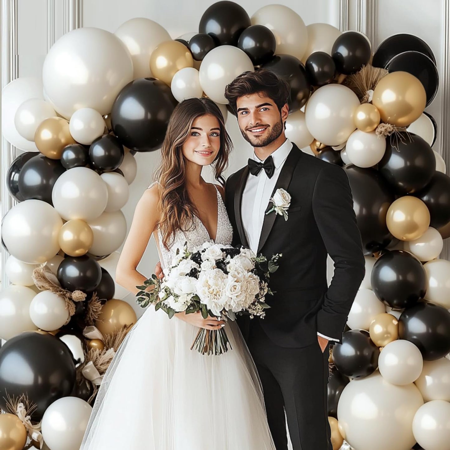Black White Gold Balloon Arch Kit,Double Stuffed Pearl Sand White Balloon Garland Different Sizes 18/12/5 Inch Chrome Cream Balloons for Graduation Wedding Birthday Bachelorette Party Decorations