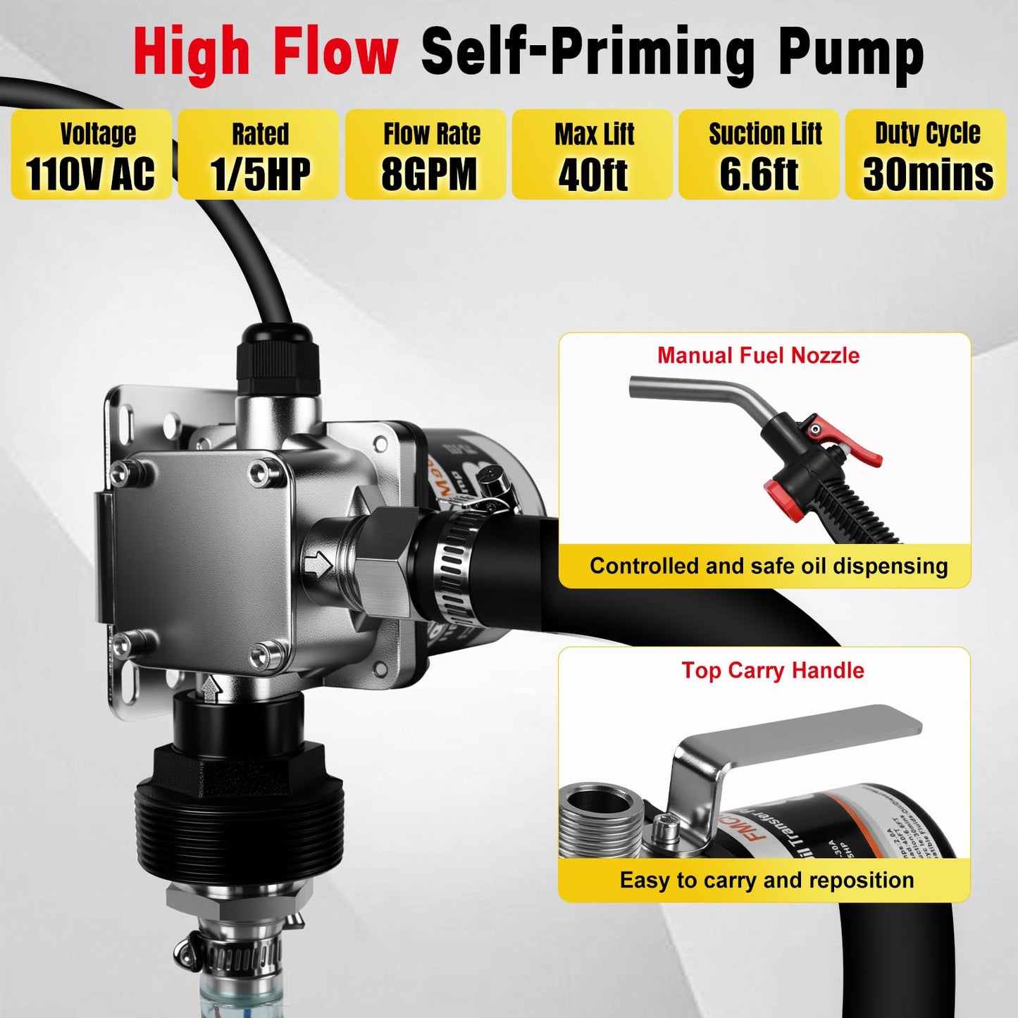 FMCNMech 8 GPM 110V Electric Diesel Fuel Transfer Pump Kit, Heavy-Duty Fuel Transfer Pump for Diesel, Kerosene & Various Oils, Portable Pump for Trucks, Generators & Farm Equipment