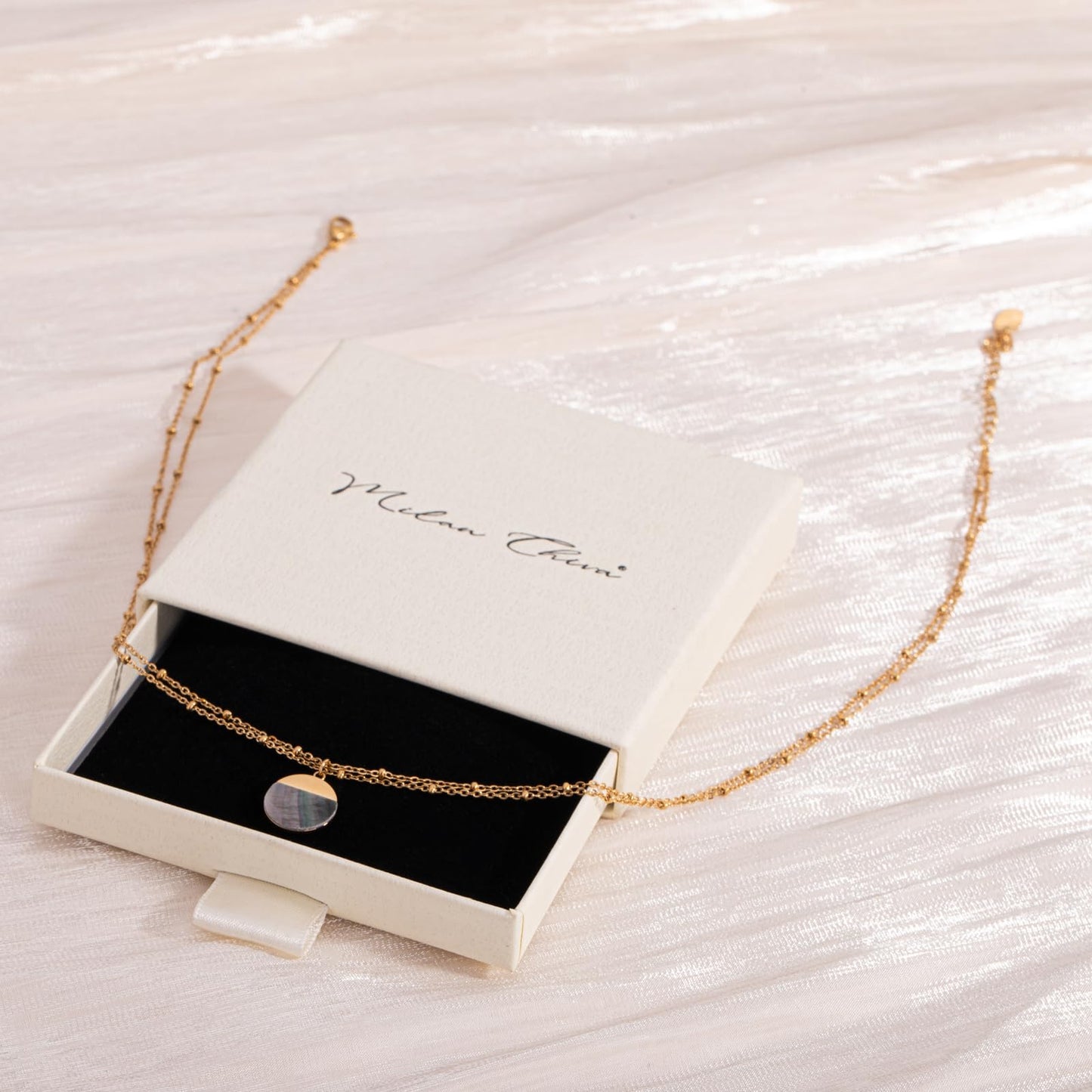 Milan Chiva 14K Gold Plated Grey Mother of Pearl Layered Stacked Necklace for Women, Dainty Trendy Non Tarnish Circle Pendant Charm Necklaces Fashion Jewelry for Women Waterproof MNS-1008GY