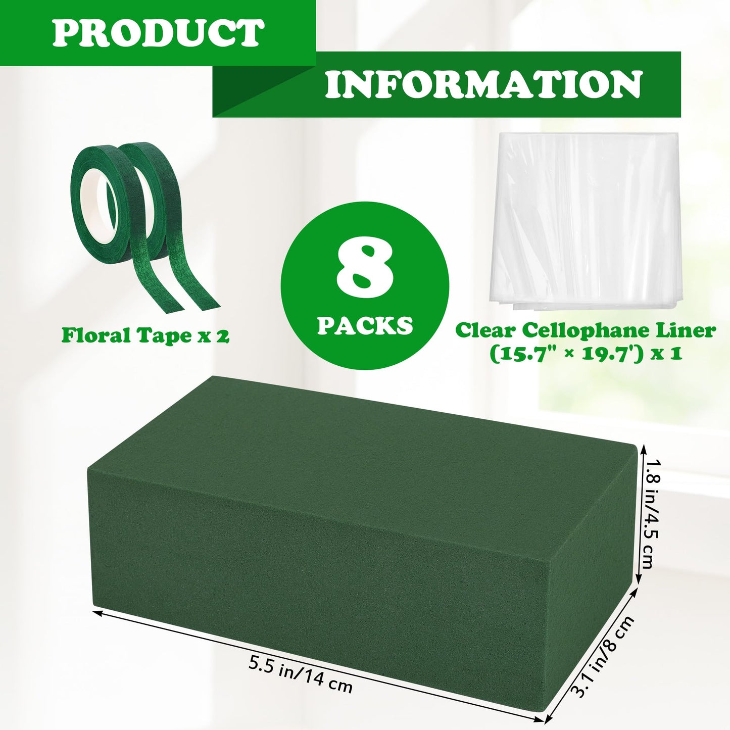 Aneco 8 Pieces Floral Foam Blocks Set Square Green Floral Foam with Floral Tape & Clear Cellophane Wrap for Fresh Artificial Flower DIY Arrangements Home Wedding Decor, 5.5 x 3.1 x 1.8 Inch