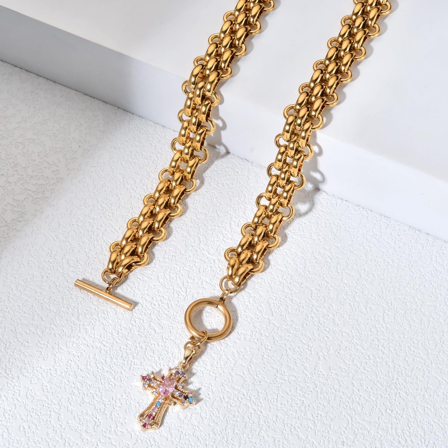 jomjeu Cross Necklace for Women Pink Zircon Necklaces 18K Gold Plated Stainless Steel Chain Pendant Necklace Classic Trendy Toggle Chunky Gold Necklaces Jewelry Gifts for Women