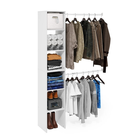 Furinno FANO Closet Organizers and Storage, 5-Tier Closet Storage Organizer with 2 Hanging Bars, Wardrobe Closet Shelf Towers, Adjustable Shelves, for Wardrobe, Bedroom, Living Room, White
