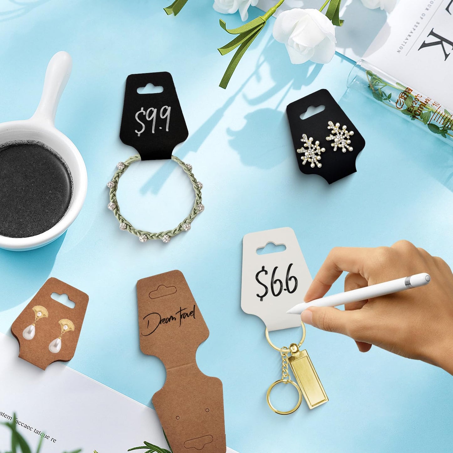 400pcs Jewelry Display Cards with Adhesive,1.7*4.7inch Necklace Display Kraft Cards with 400pcs Packaging Bags Jewelry Holder Cards Hanging for Earring Hair Band Keychain Scrunchies (400PCSBlack)