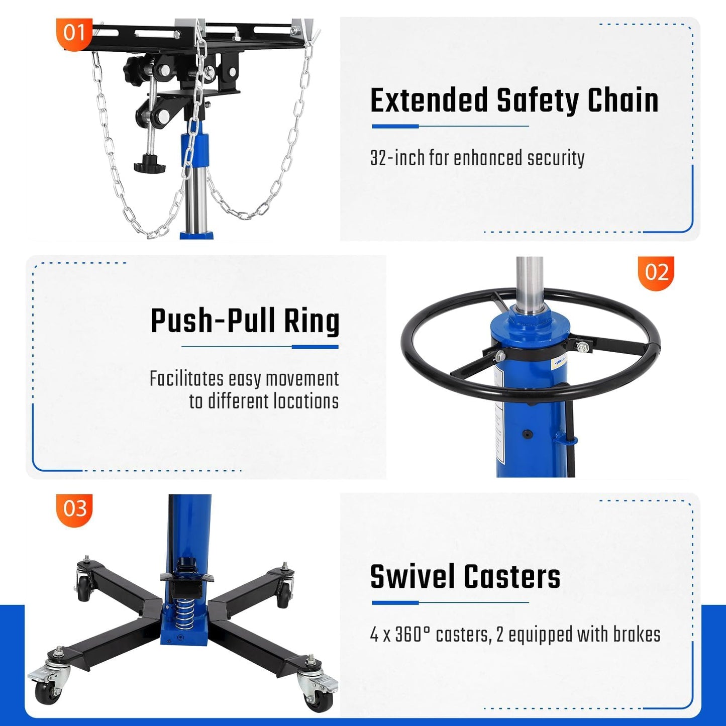 Transmission Jack, 1322 LBS/0.6 Ton Heavy Duty Hydraulic Telescoping Stand, 34"-68" High Lift Transmission Jack Stand, Foot Pedal, 360° Swivel Wheels, for Garage & Shop, Blue