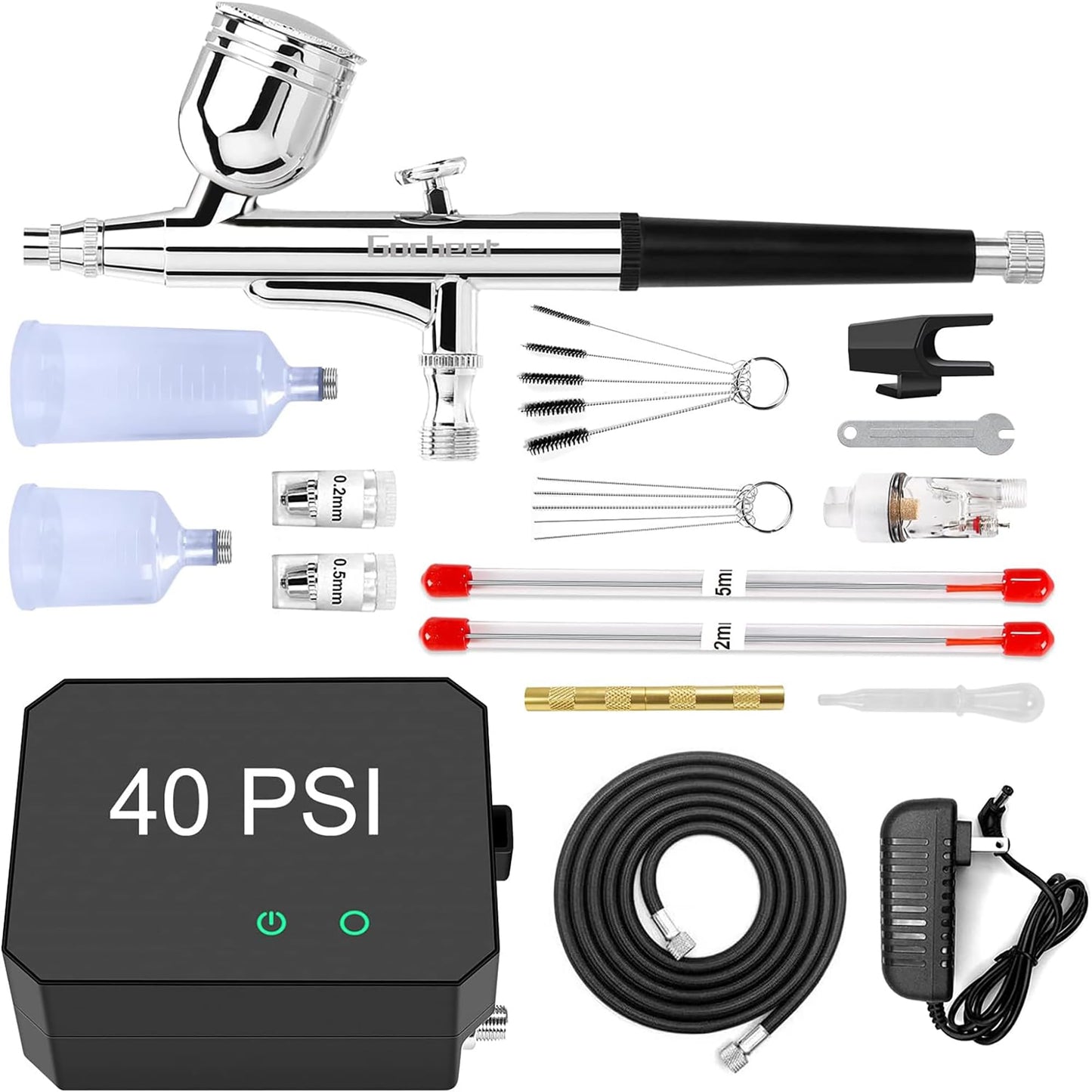 Gocheer Airbrush Kit with Air Compressor, 40 48 PSI High Pressure Air Brush Non-Clogging with 0.2/0.3/0.5mm Nozzle/Cleaning Sets, Ideal for Painting, Modeling, Cake Decor, Makeup (Black, 40 PSI)