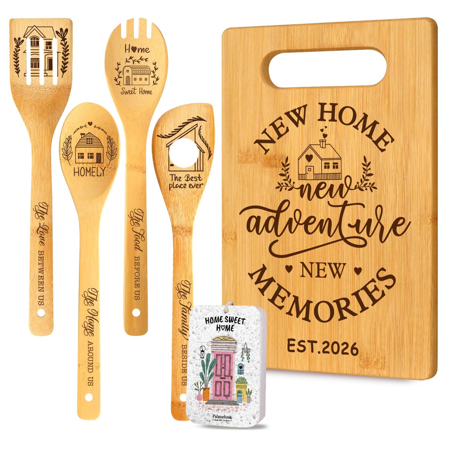 6 Pcs Housewarming Gifts Set for Women Friends Neighbor, New Home Essentials with Bamboo Cutting Board & 4 Blessing Spoons, New Home New adventure New Memories 2026
