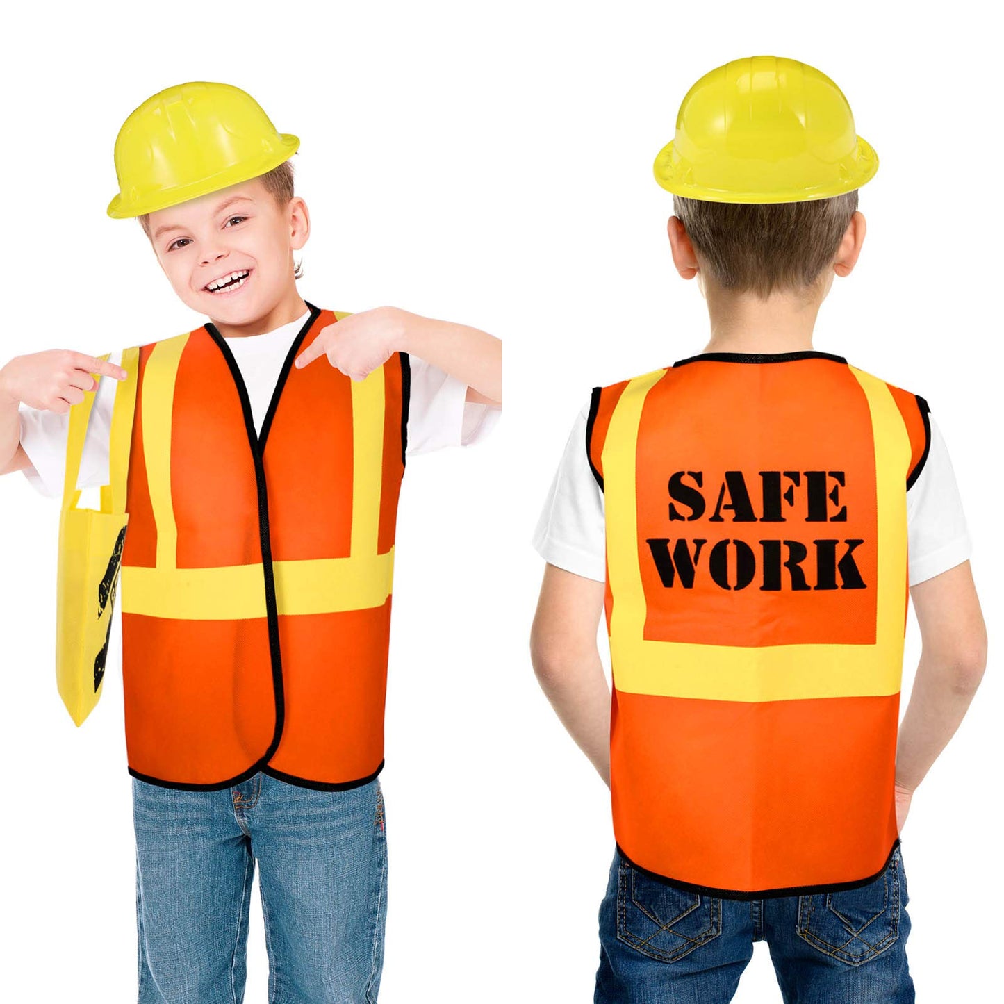 Gejoy 48 Pcs Kids Construction Birthday Party Supplies Kids Construction Hats and Vests Worker Costume Role Play Tote Bag and Traffic Cones for Excavator Dress up Cosplay Party Decorations