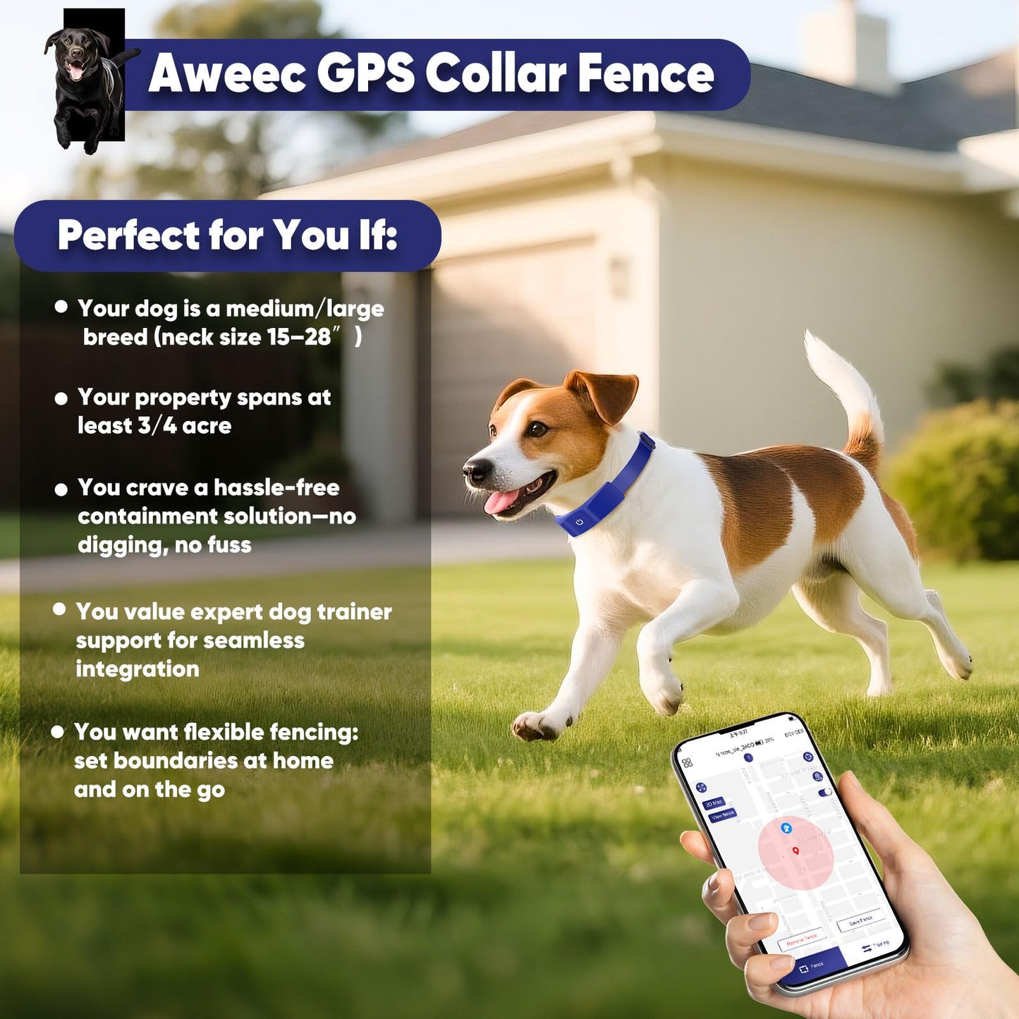 GPS Electric Dog Fence with Free App, Wireless Fence System with Training Collar, Adjustable of Dogs Portable Fence for Outdoor Use, Rechargeable Waterproof Flexiable Collar, (Blue)