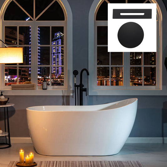 WOODBRIDGE 59" Acrylic Freestanding Bathtub Contemporary Soaking White Tub with Matte Black Overflow and Drain，B1530-MB-Drain&O