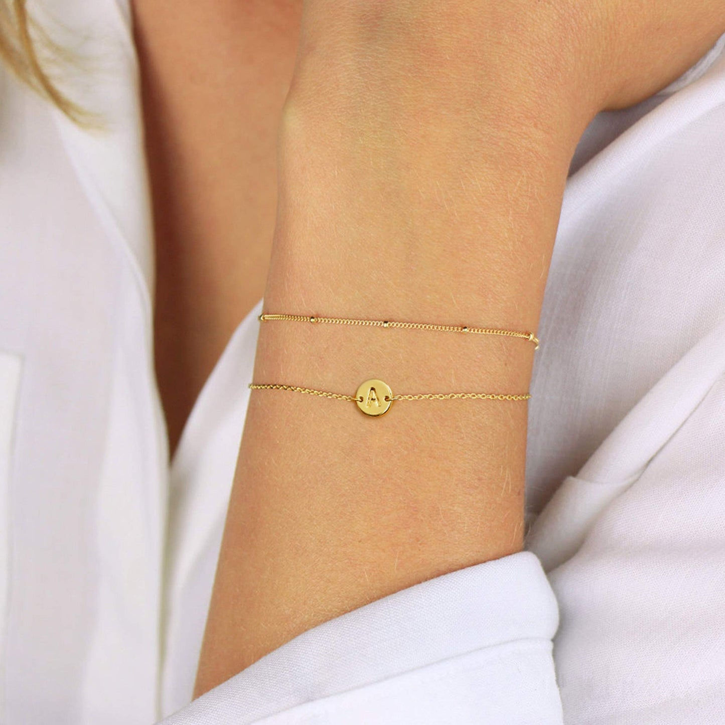 MONOZO Gold Initial Bracelets for Women, Dainty 14K-gold-plated Layered Beaded N Letter Initial Bracelet Personalized Alphabet Disc Monogram Charm Bracelet Jewelry Gifts