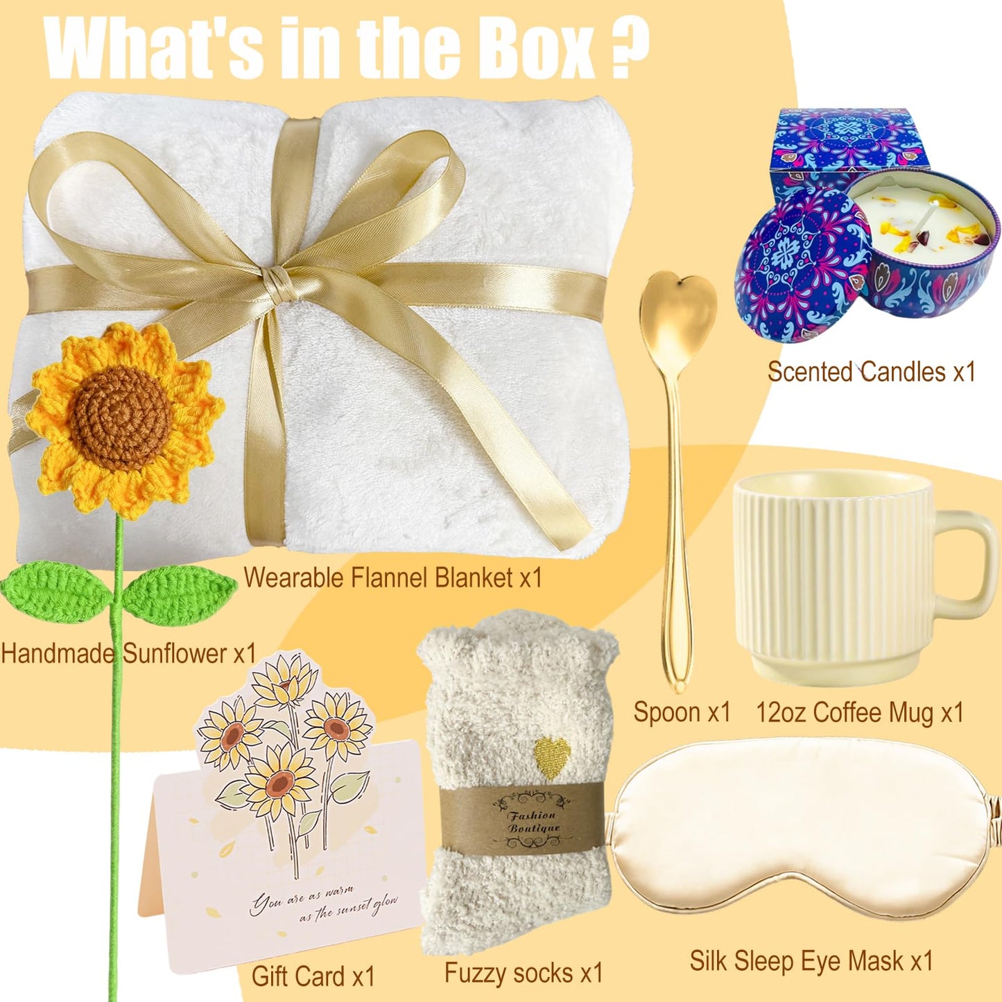 Sunflower Gift Baskets for Women, Self Care Package with Wearable Blanket, Socks, Candle, Mug & Greeting Card - Birthday, Get Well, Thinking of You Gifts for Mom Wife Best Friend - Beige