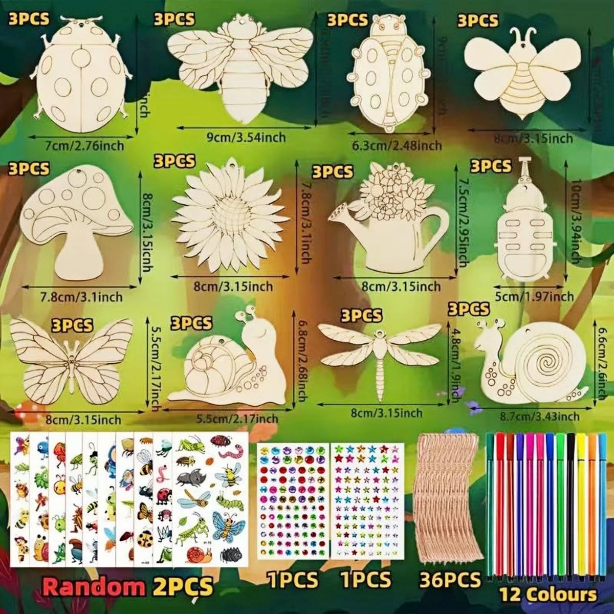 ShaoAngDuoMi 36PCS Paint Your Own Wooden Crafts Kit for Kids – DIY Plant & Insect Wood Shapes with Paint Pens & Stickers, Family Art Activity, Garden Tree Hanging Decorations, Creative Gift