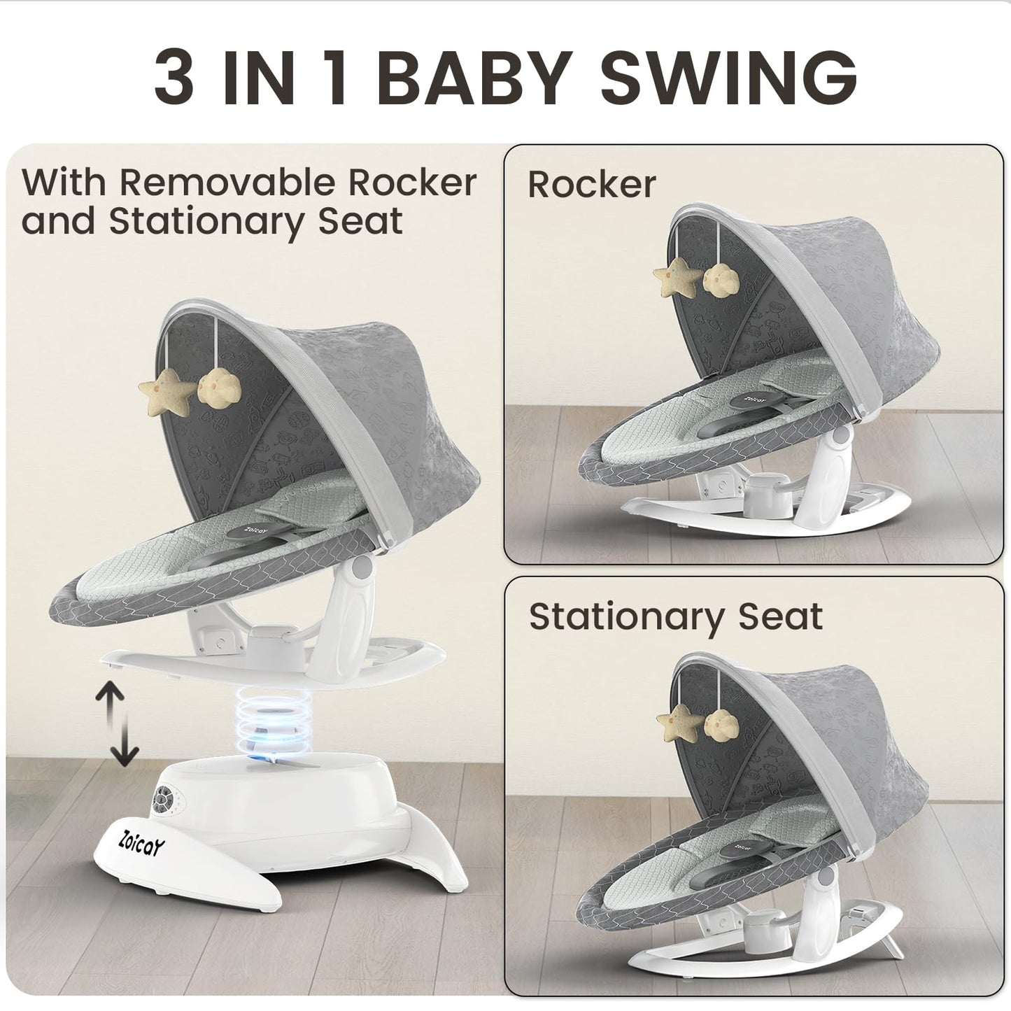 3-in-1 Baby Swing for Infants, Infant Swing with 5 Speeds & 3 Swing Modes, 12 Lullabies, Electric Swing for Baby, Indoor & Outdoor Use, Up to 25 lbs, Gray