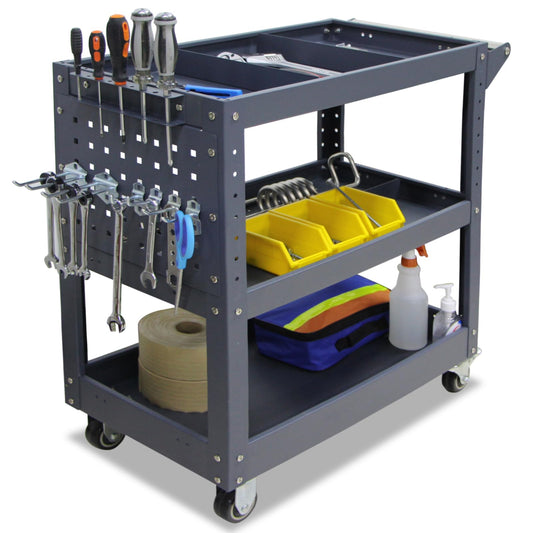 3 Tier Rolling Tool Cart, 500 lbs Capacity, 31.5"x29"x15", Mechanics Cart with 4 Dividers, Mesh Panel & Screwdriver Shelf
