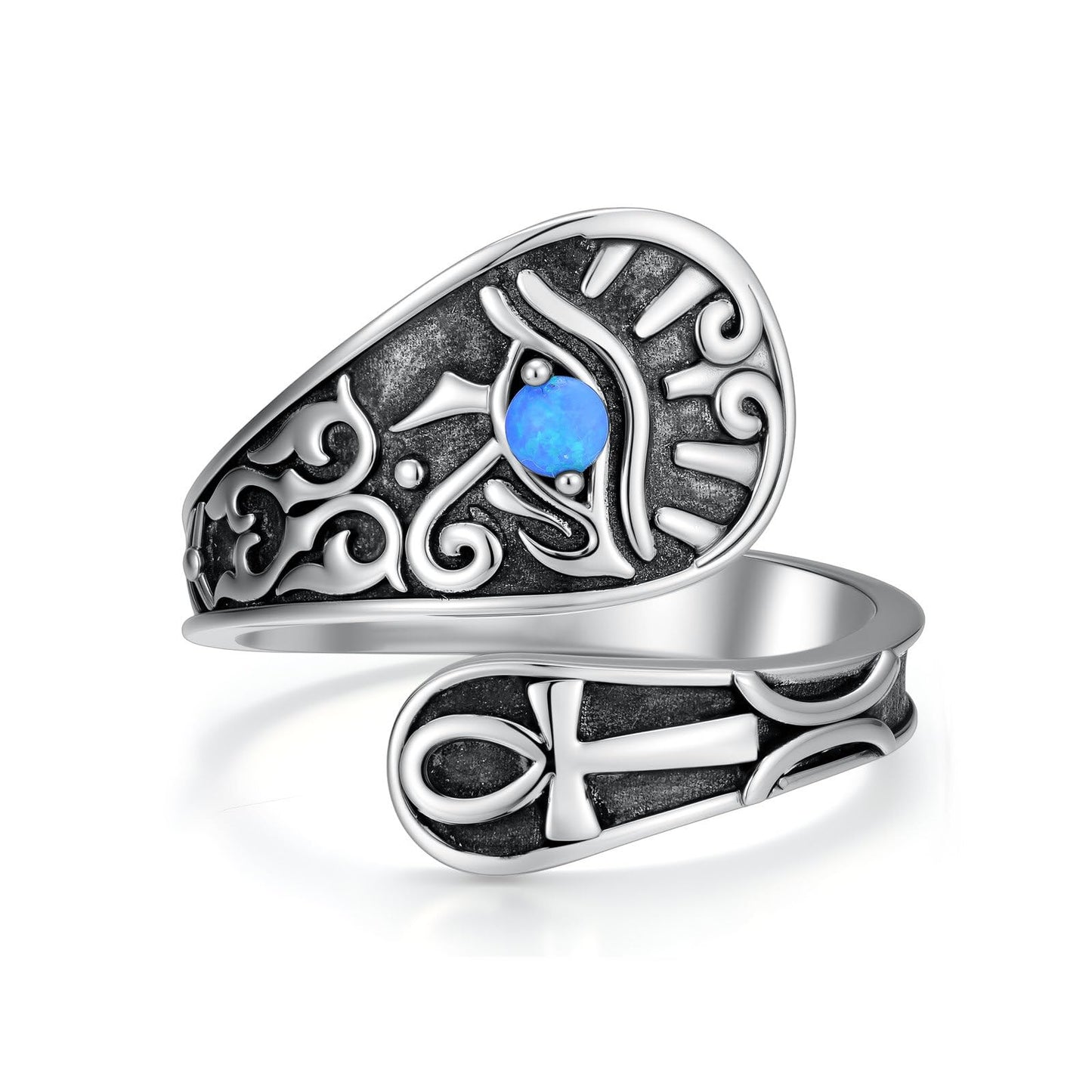 Midari Egypt Eye of Horus Spoon Ring 925 Sterling Silver Adjustable Vintage Ankh Cross Spoon Thumb Rings with Blue Opal Jewelry for Women Halloween Birthday Christmas Gifts
