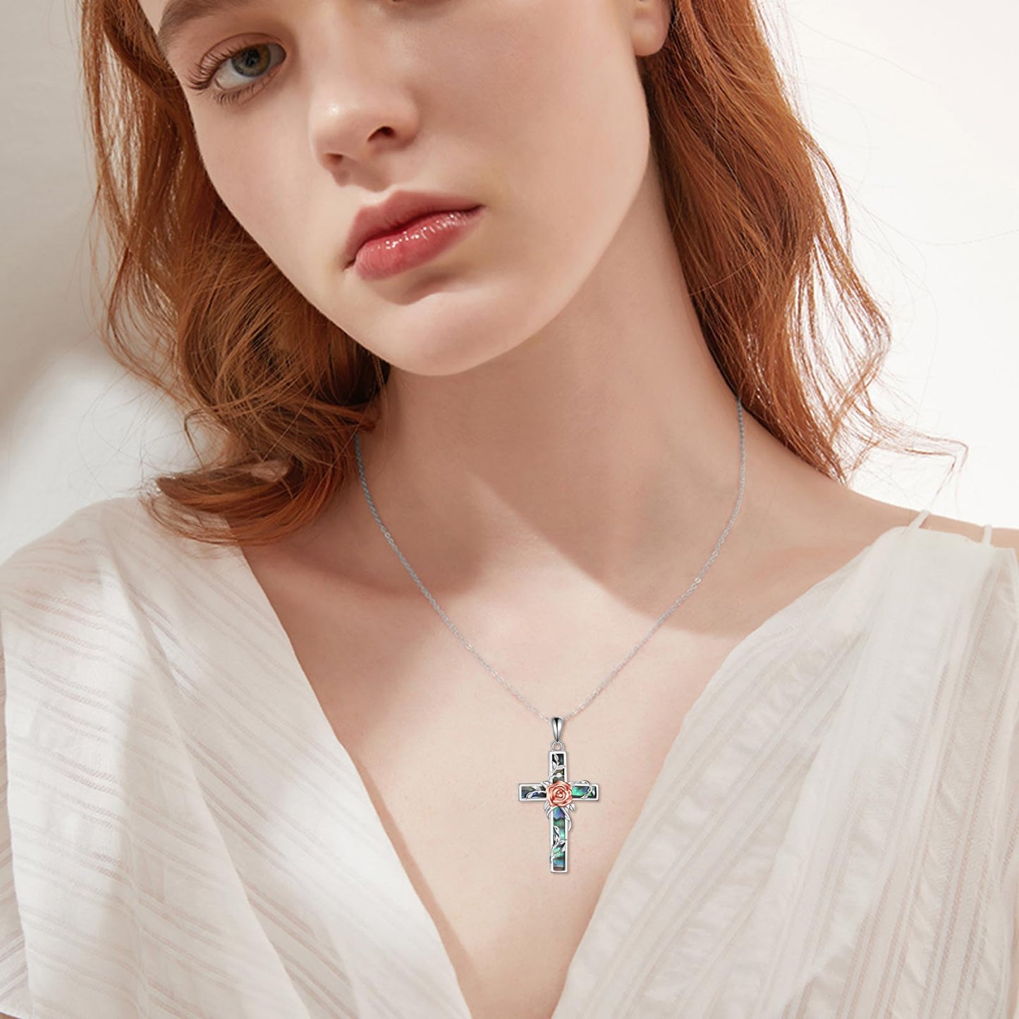 YFN Rose Cross Necklace Sterling Silver Flower Cross Pendant Abalone Shell Jewelry Religious Christian Baptism Gifts for Her Women