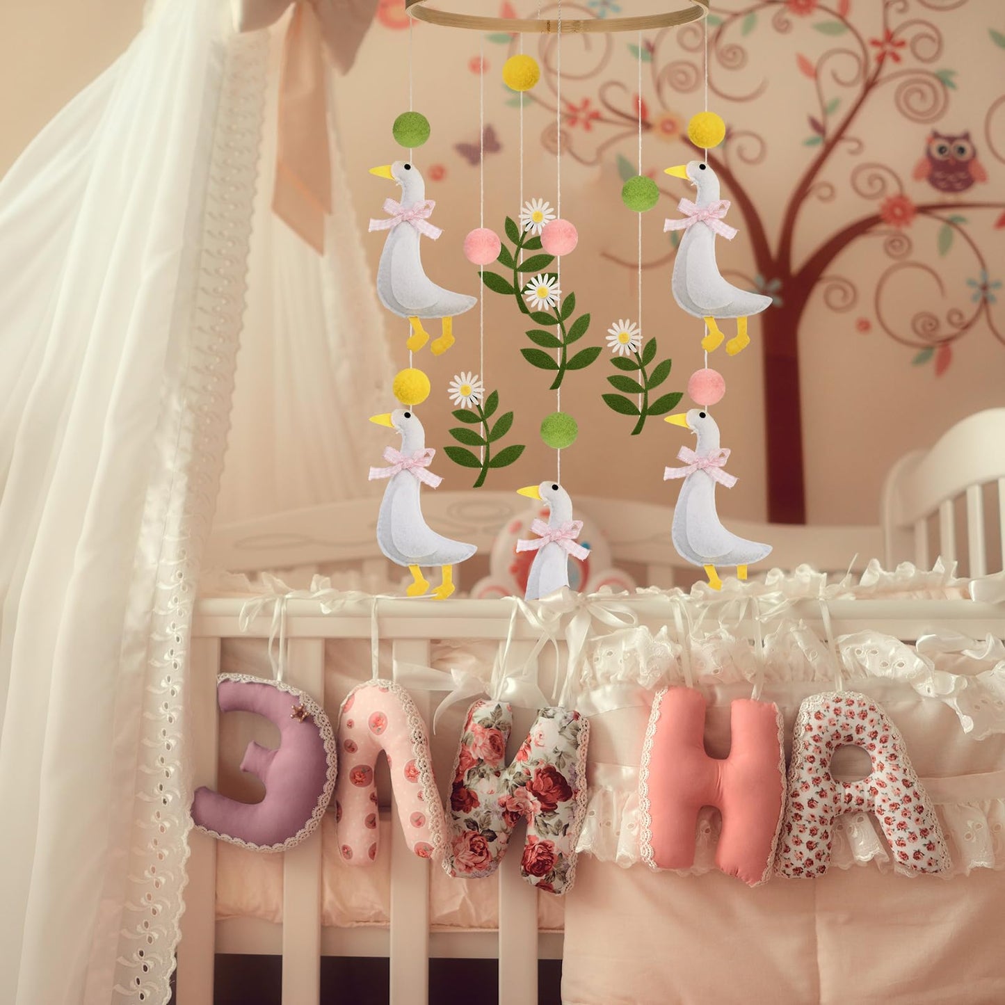 Vicenpal Wildflower Butterfly Baby Mobile for Crib Pink Spring Baby Room Decor Felt Nursery Mobile for Crib Neutral Wooden Handmade Hanging Decoration(Silly Goose)