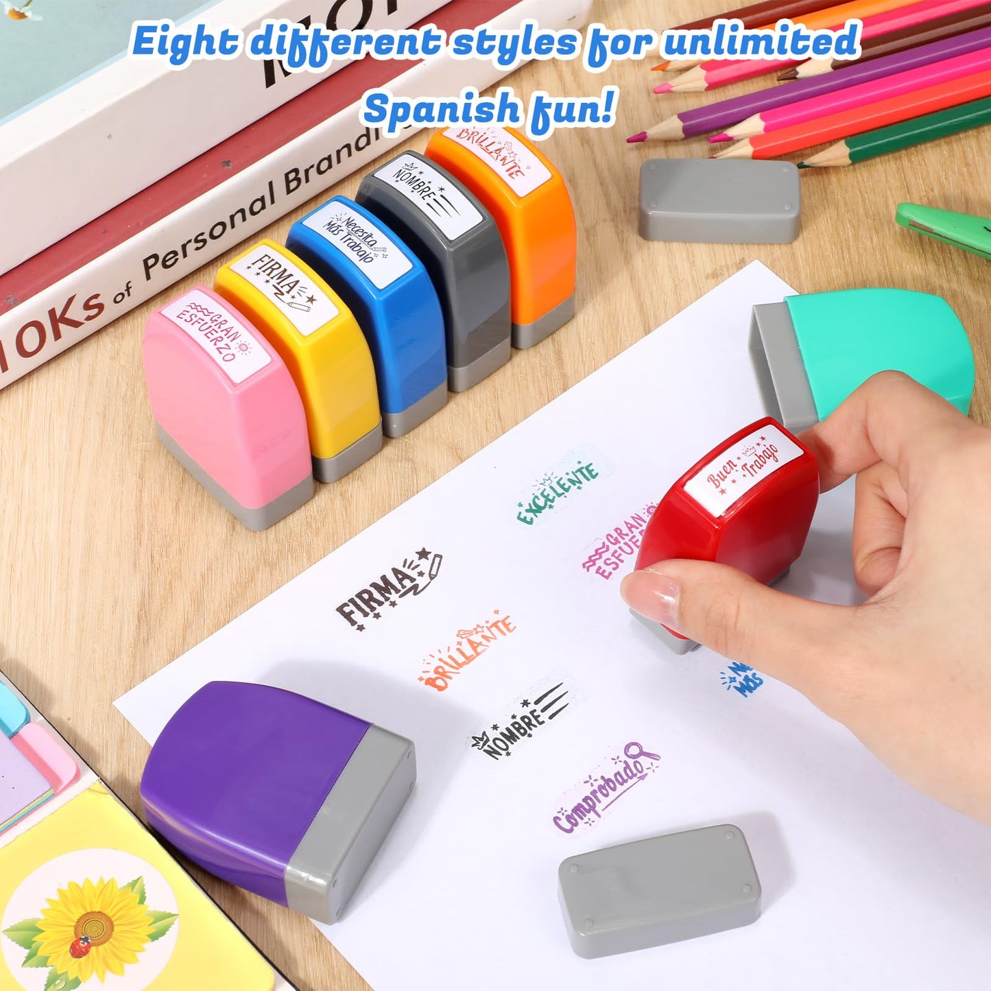 Chivertion 8 Pcs Spanish Teacher Stamps for Classroom Self Inking Grading Stamps Gifts Motivation Teacher Stamp for School Elementary Kid Signature Homework Reward Supplies