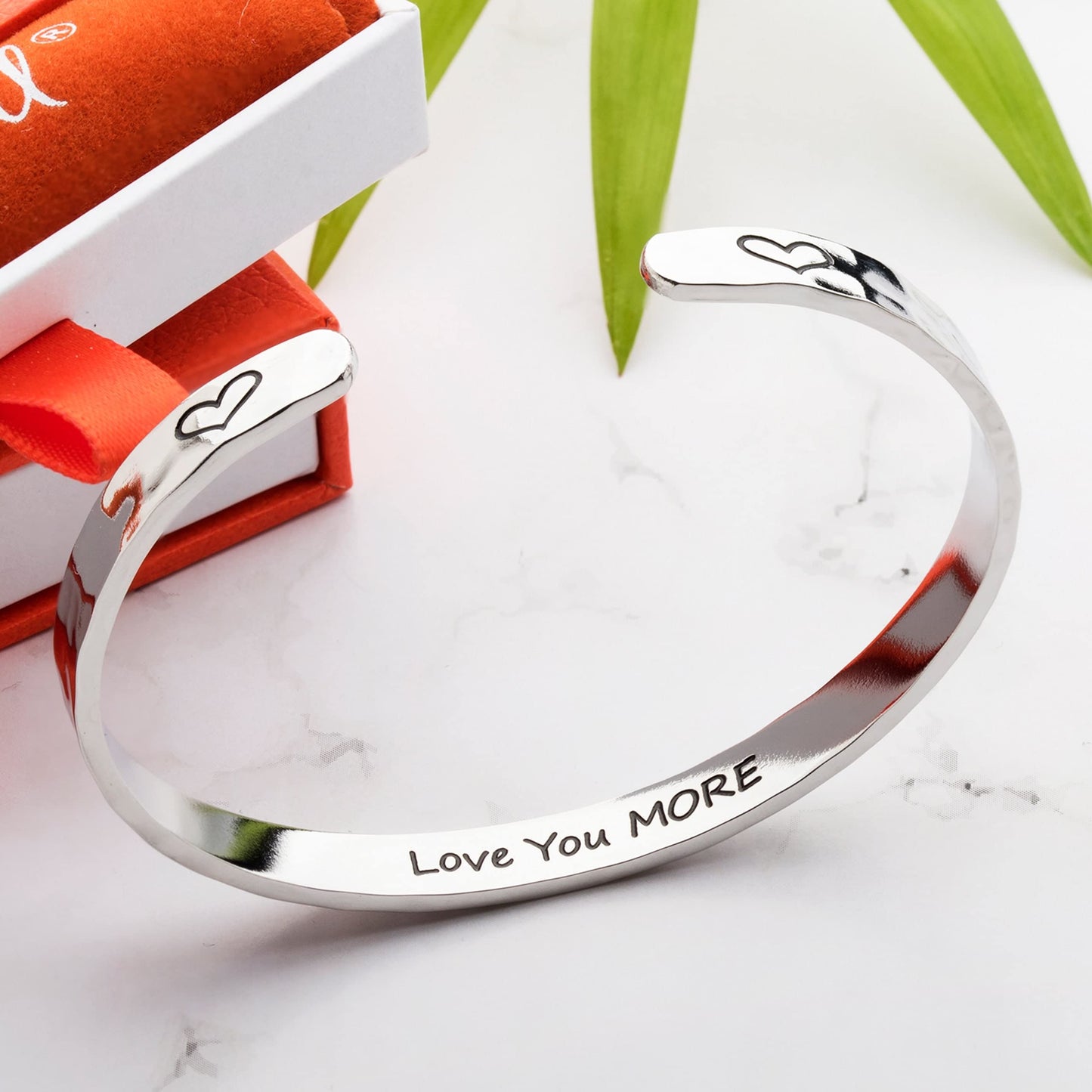 Carviell Love You More Bracelet, Gifts for Her, Romantic Jewelry for Wife or Girlfriend, Valentine's Day Gift, Engraved Adjustable Stainless Steel Cuff