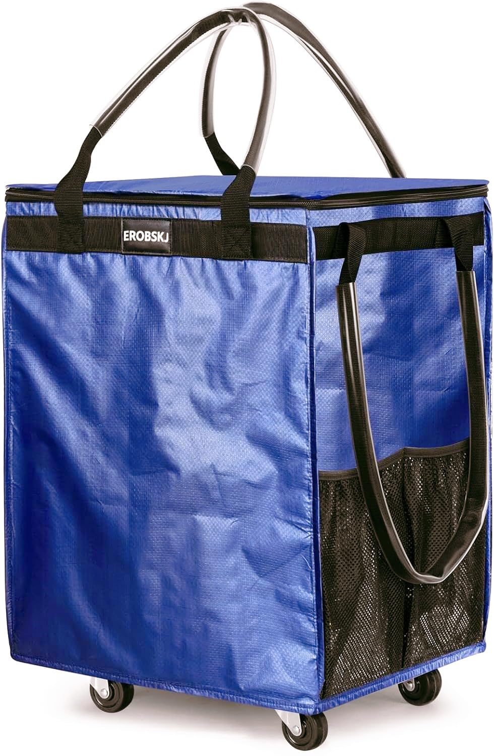 (Medium, Navy) Reusable Grocery Bag on Wheels, 70L Foldable Rolling Tote, Carries Up to 66 lbs Shopping Trolley, Zipper Clouser Shopping Carts for Trips, Laundry, 4 Heavy Duty Wheels and 3 Handles