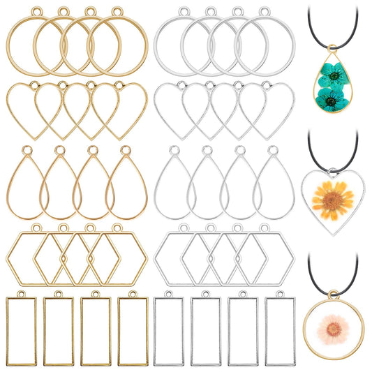 50pcs Open Bezel Pendants 5 Styles Hollow Bezel Pendants Open Frame Pendant Geometric Pressed Flower Frame for Resin Casting, Necklace, Earrings, Pressed Flower, DIY Crafts(K Gold,White K)