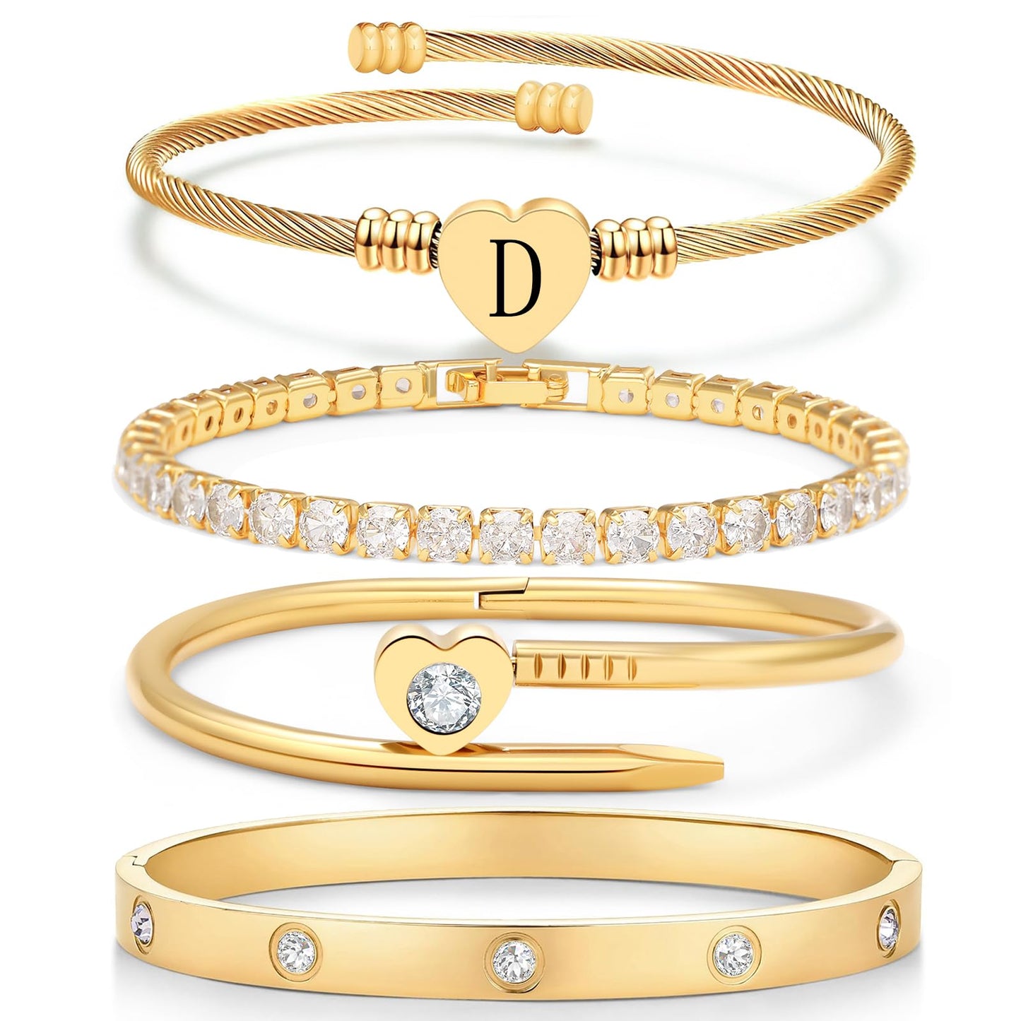 MEIERYA18K Gold Plated Nail love Bangle Bracelet Set for Women,Cubic Zirconia,Adjustable tennis bracelet Trendy Gift Jewelry for Mother's Day Anniversary (04-Style-D)