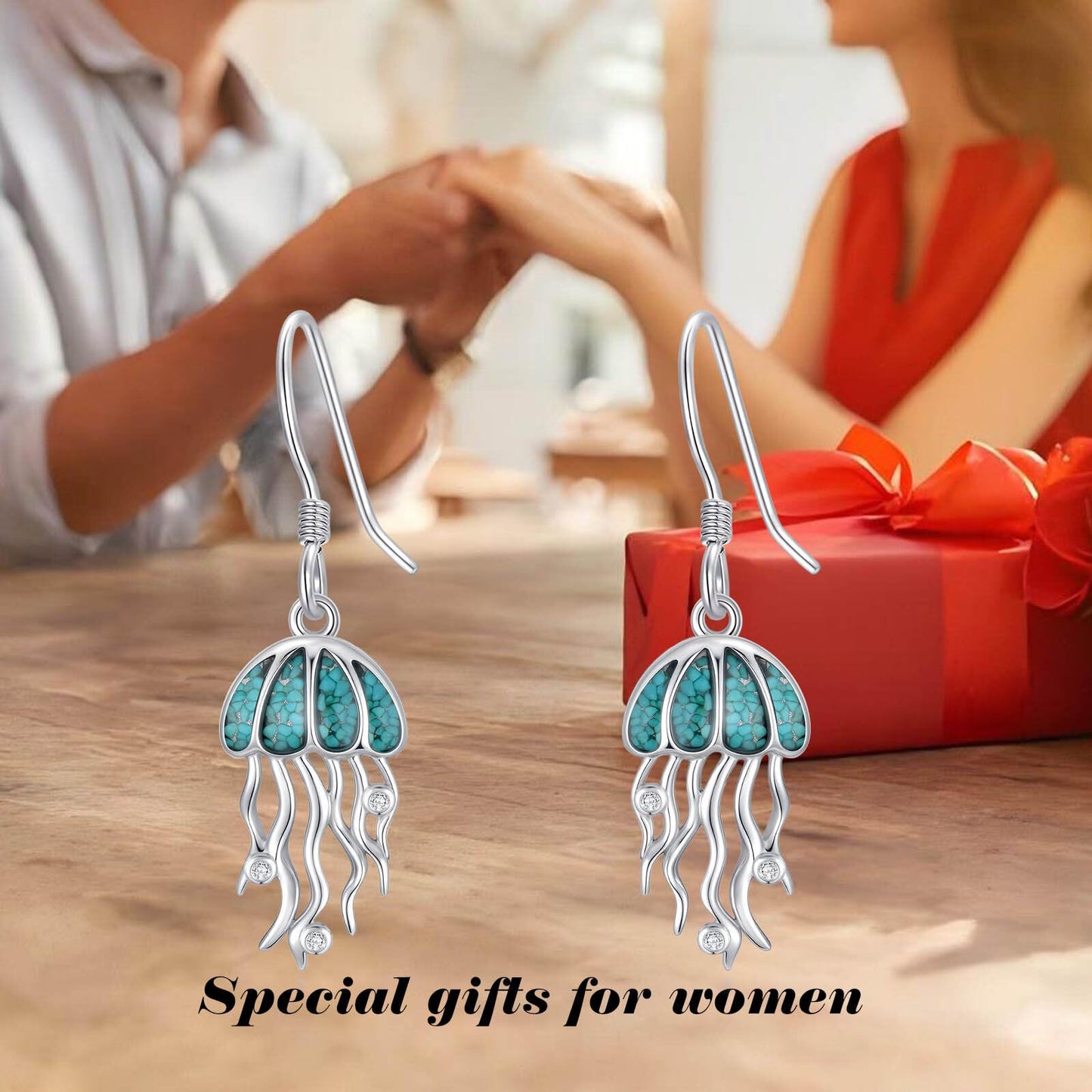 HPQQ Jellyfish Earrings 925 Sterling Silver Turquoise Jellyfish Dangle Earrings Ocean Beach Themed Jewelry Mother's Day Jewelry Gifts for Women