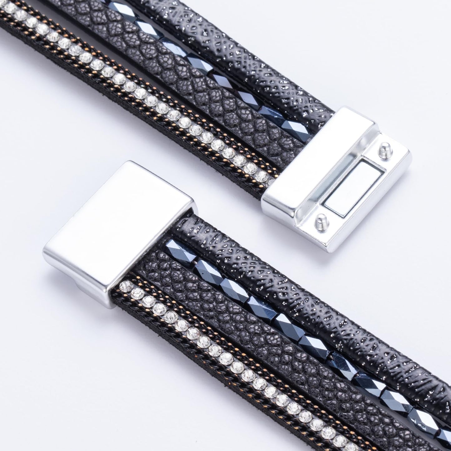 FANCY SHINY Leather Wrap Bracelet Boho Cuff Bangle Bracelets Crystal Bead Bracelet with Magnetic Clasp Trendy Jewelry Gifts for Women (7.7", Black)