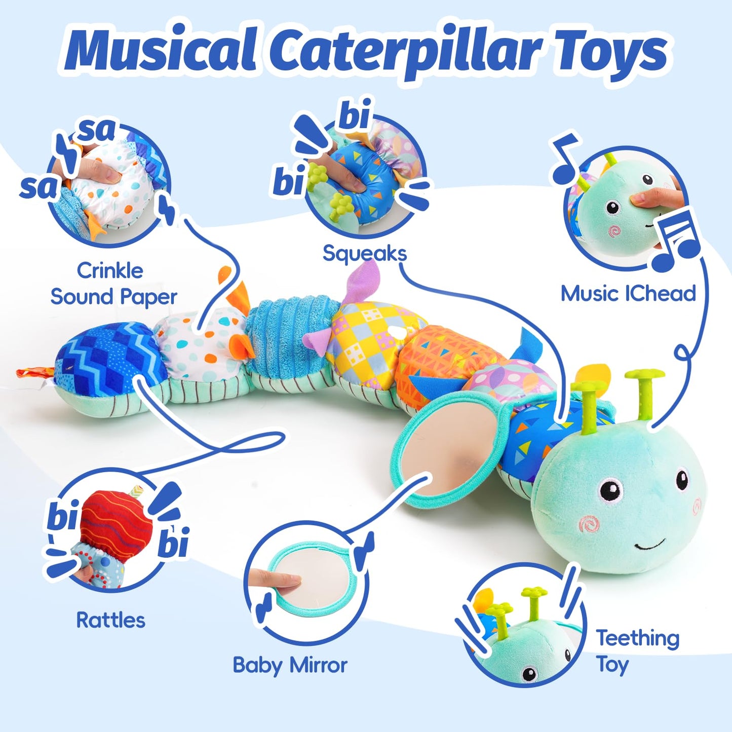 Baby Toys 0-6 Month, Musical Caterpillar Rattle, Infants Sensory Toy with Mirror Crinkle Textures, Newborn Developmental Tummy Time Stuffed Plush Animal toys for Babies Boys Girls 3-6-12 Months (Blue)