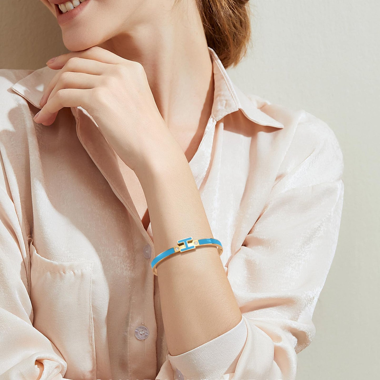Hothink Gold Bracelets for Women, H Bangle Bracelet, Dainty 18K Gold Plated Stainless Steel Enamel Bracelet for Everyday, Work, Party, Stackable Gift for Mom, Wife, Girlfriend