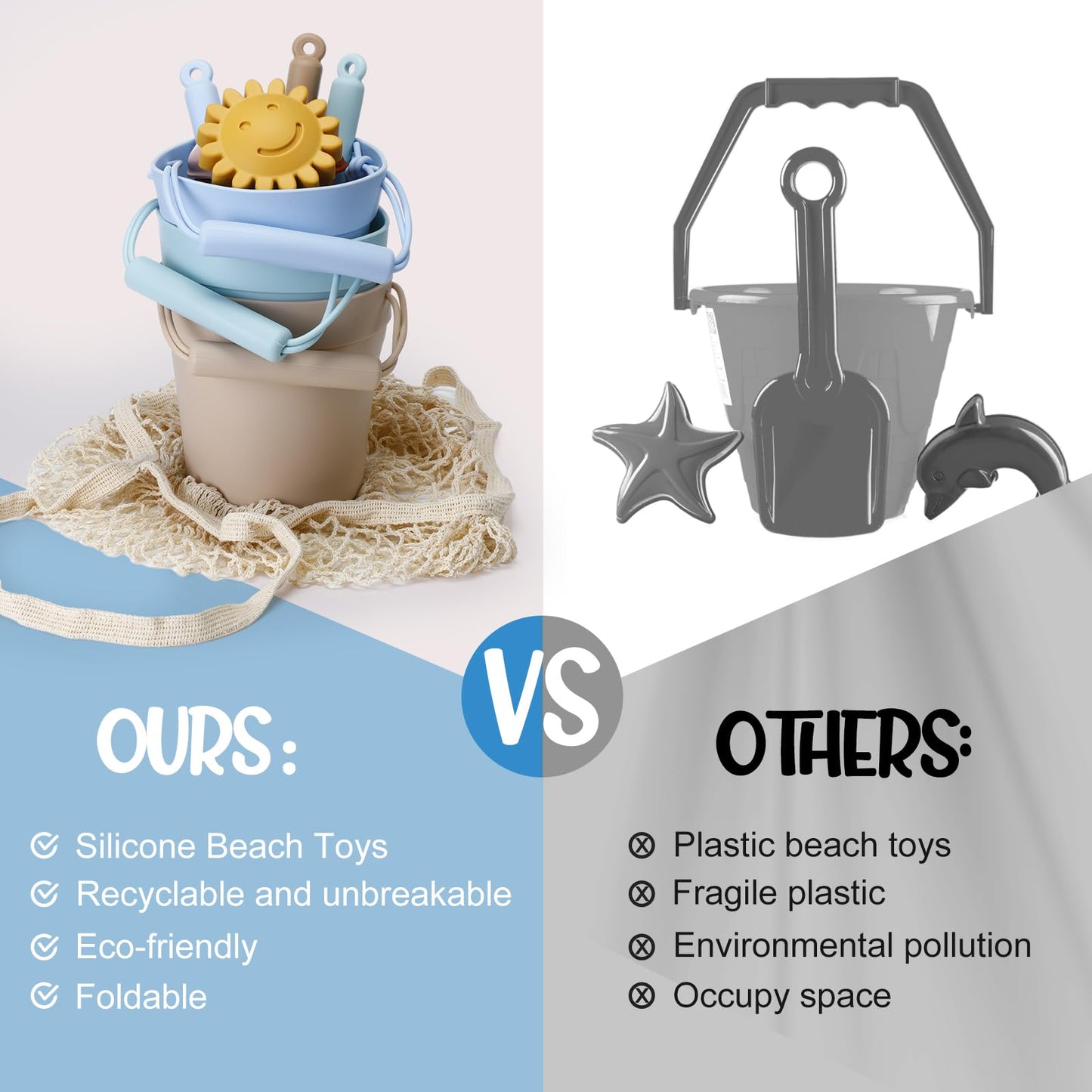 Hungdao 16 Pcs Silicone Beach Toys Travel Friendly Beach Set Colorful Toys Include 3 Silicone Bucket Pail, 3 Shovel, 9 Sand Molds, 1 Bag for Summer Pool Outdoor(Beige, Blue, Teal)