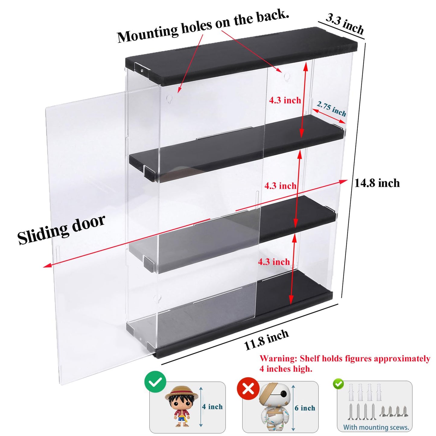 DuvinDD Acrylic Display Case for Collectibles, Wall Mounted Funko POP Shelves, Clear Figure Display Case with Sliding Door, Dustproof Hot Wheels Storage Box, Black(11.8x3.3x14.8inch)