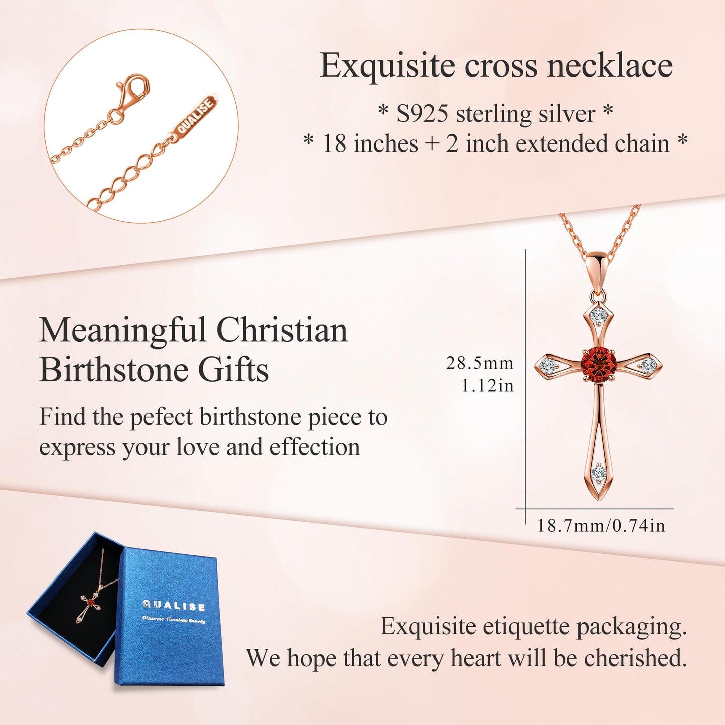 QUALISE Cross Necklace for Women,925 Sterling Silver Birthstone Necklace,Garnet-January Birthstone Cross Necklace，Faith Religious Fine Jewelry Valentines Day Gifts Birthday Holiday Gifts for Her