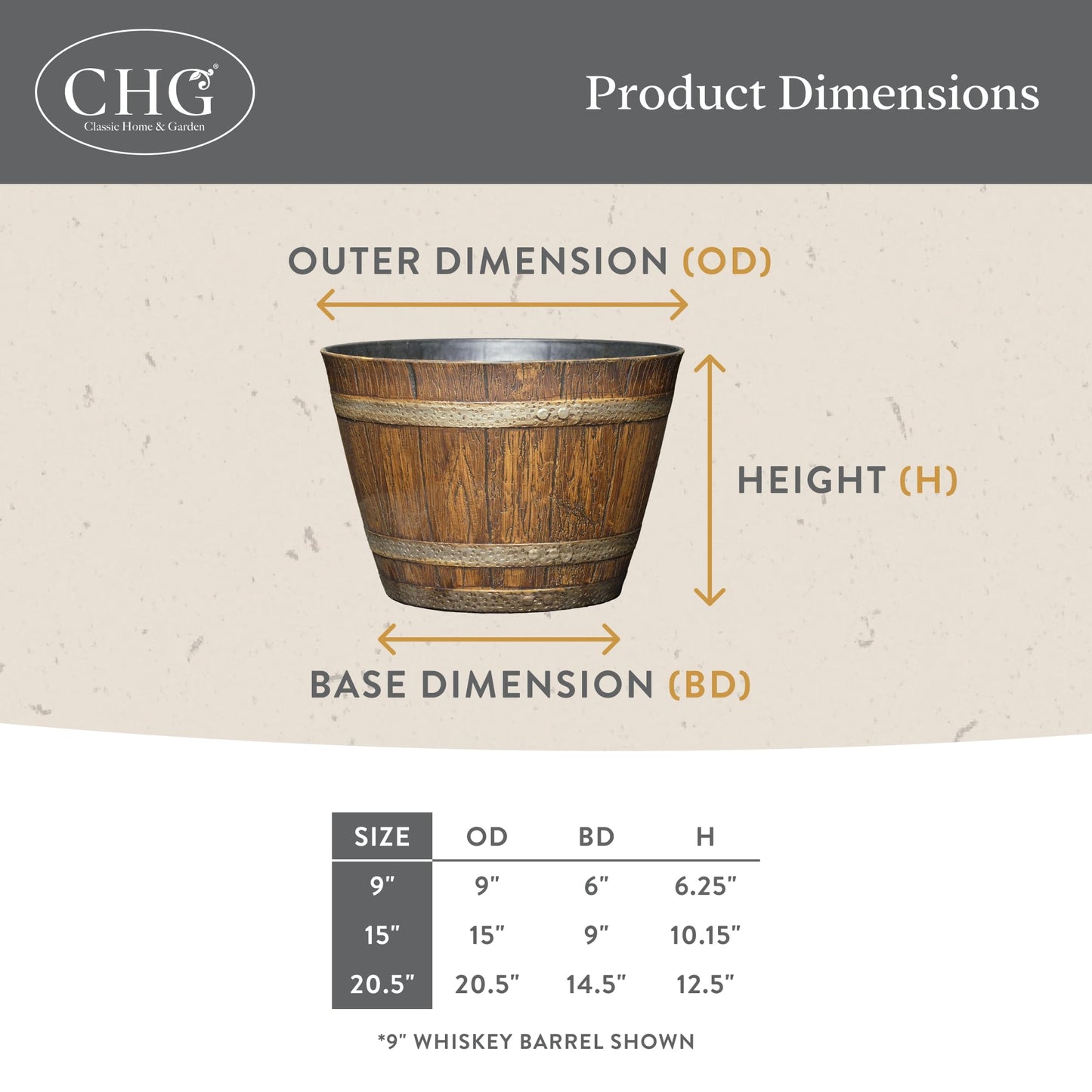 Classic Home & Garden Whiskey Barrel Planters - Wood Finish Flower Planter Pot - Decorative Garden Pots - Indoor & Outdoor Resin Planters - Weather-Resistant Planting Pots (9" Walnut Brown, Pack of 1)