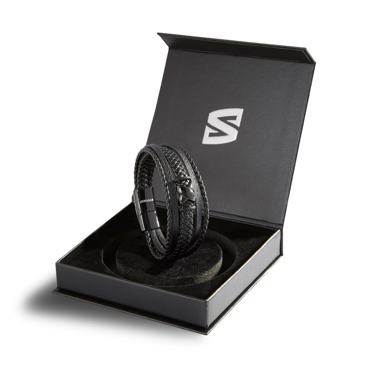 SERASAR Hombres Pulsera de cuero negro 23cm Brazalete Hombre Regalo Caja envuelta en genuina multicapa para Cierres magneticos Joyas
