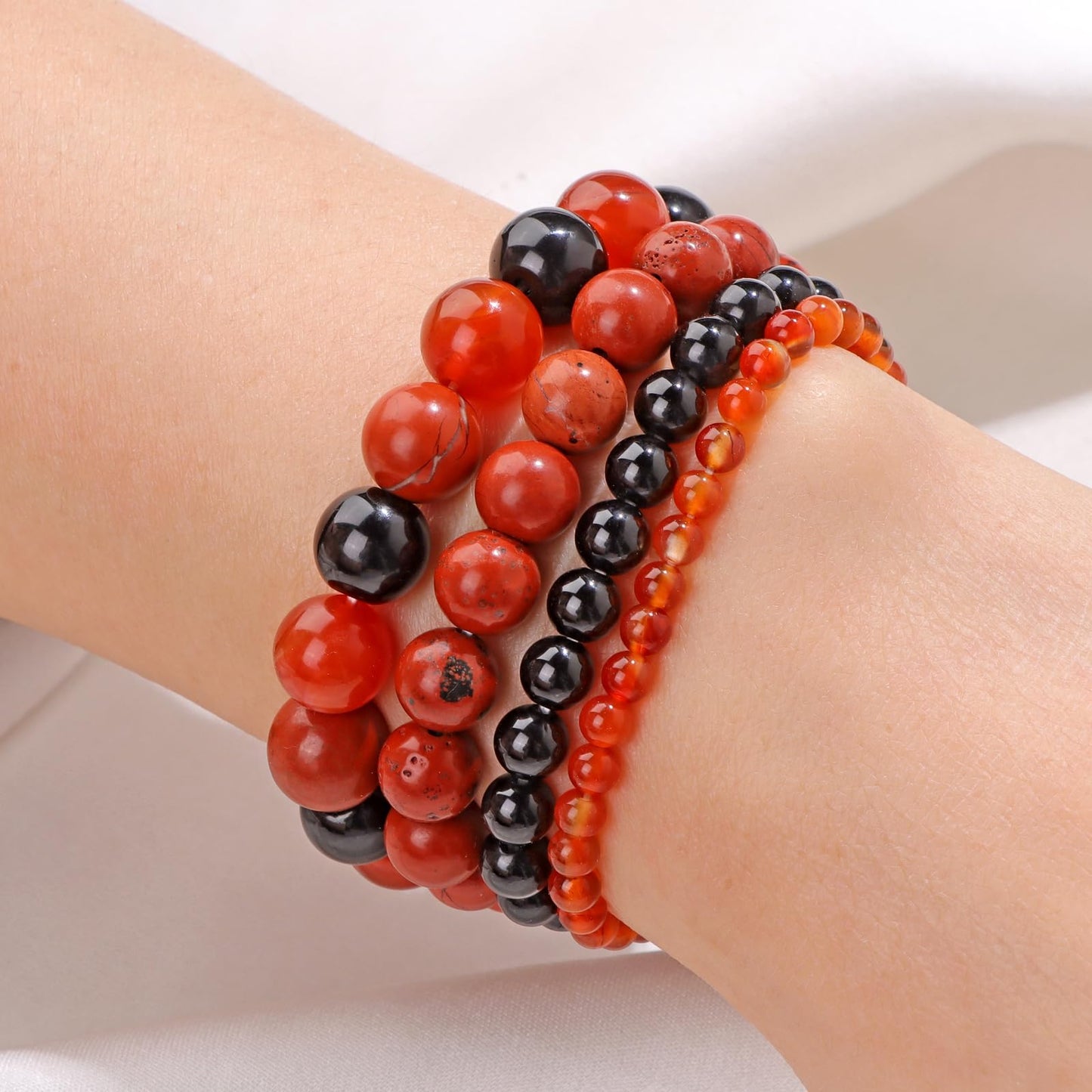 Vinswet 4pcs Natural Stone Beaded Bracelets for Women Men,Healing Crystal Gemstones Stretch Bracelet,4mm 6mm 8mm 10mm Black obsidian Red Jasper Red agate Anxiety Stress Relief Bracelet Jewelry Gifts
