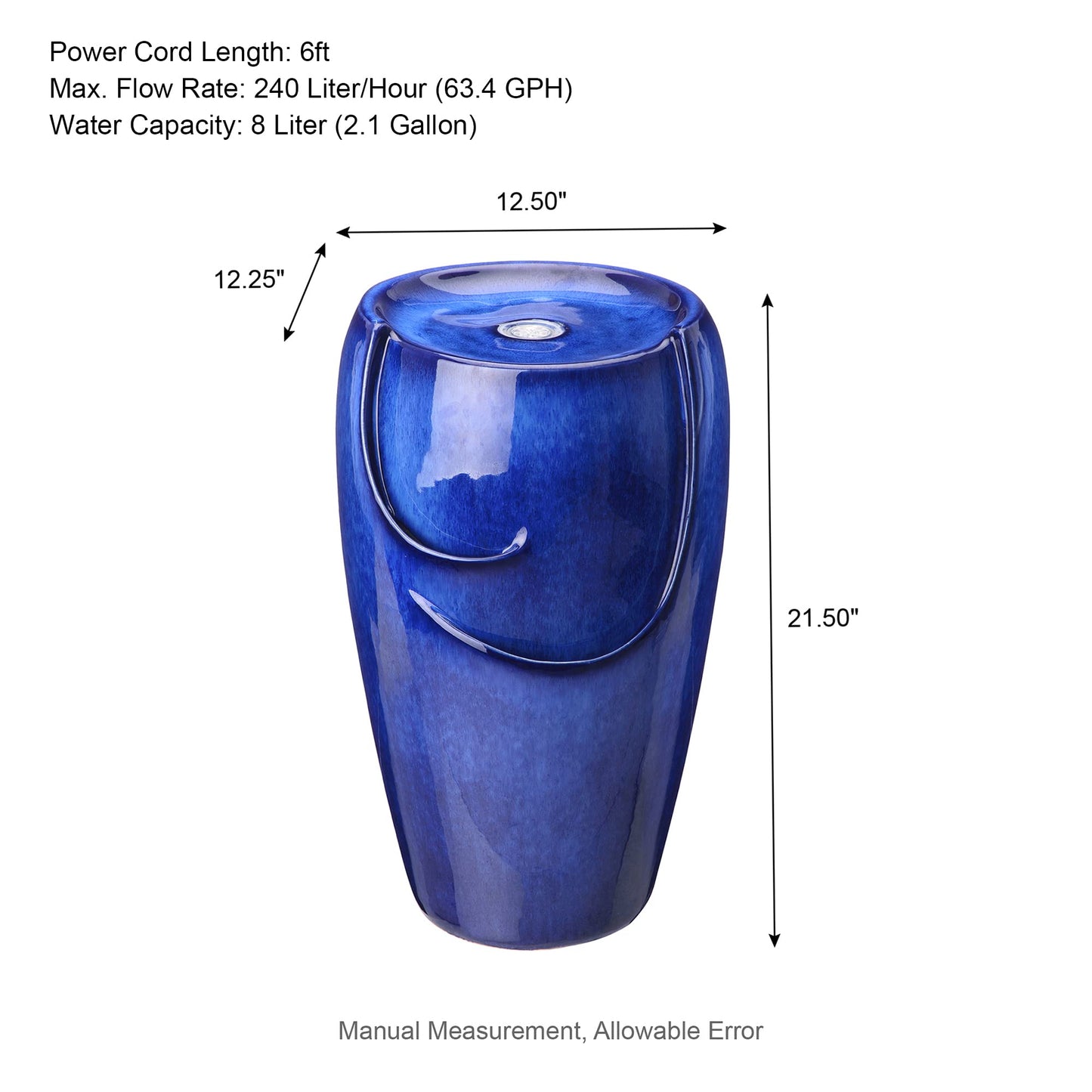 Glitzhome Ceramic Vase Outdoor Water Fountain Tall Patio Garden Water Fountain with LED Light and Submersible Pump Yard Art Decor, 20.5”H, Blue