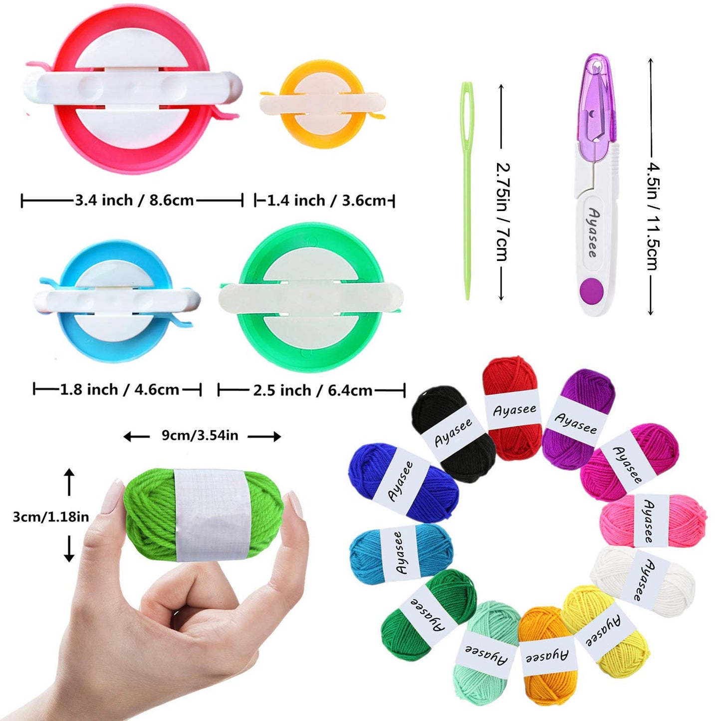 Pompom Maker Kit, Knitting Loom Fluff Ball Weaver Needle Craft DIY Knitting Crochet Tool Kit,4PS Pompom Maker+10PS Knitting Stitch Markers+10PS Plastic Needles+12PS Acrylic Yarn+1PS Scissors(37b)
