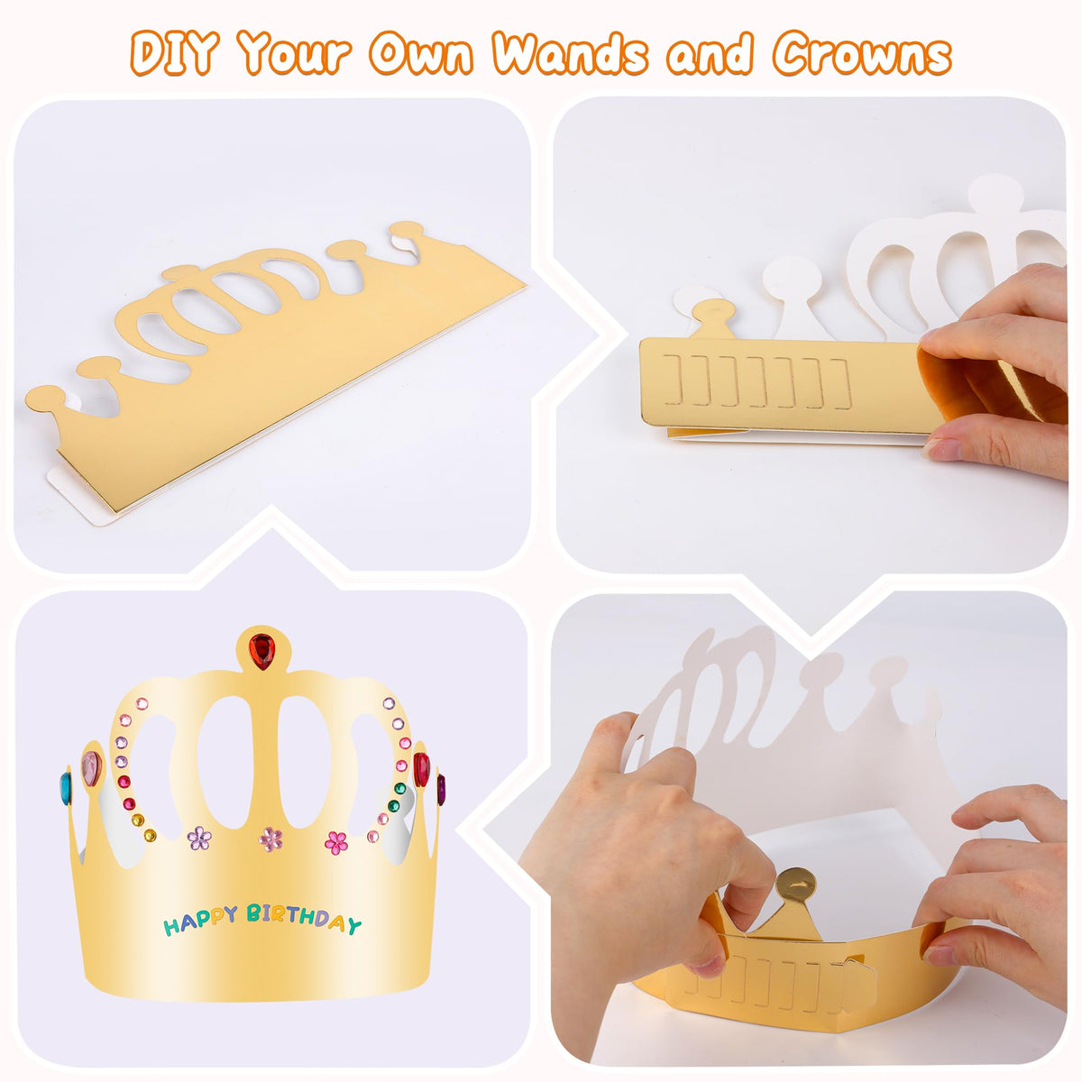 Pllieay Princess Fairy Wands Kit Include 18 Pieces 6 Styles Unfinished Wooden Princess Wand,Gold Paper Crowns, Gem Stickers, Letter and Number Stickers, Princess Art Magical Show for Party Supplies