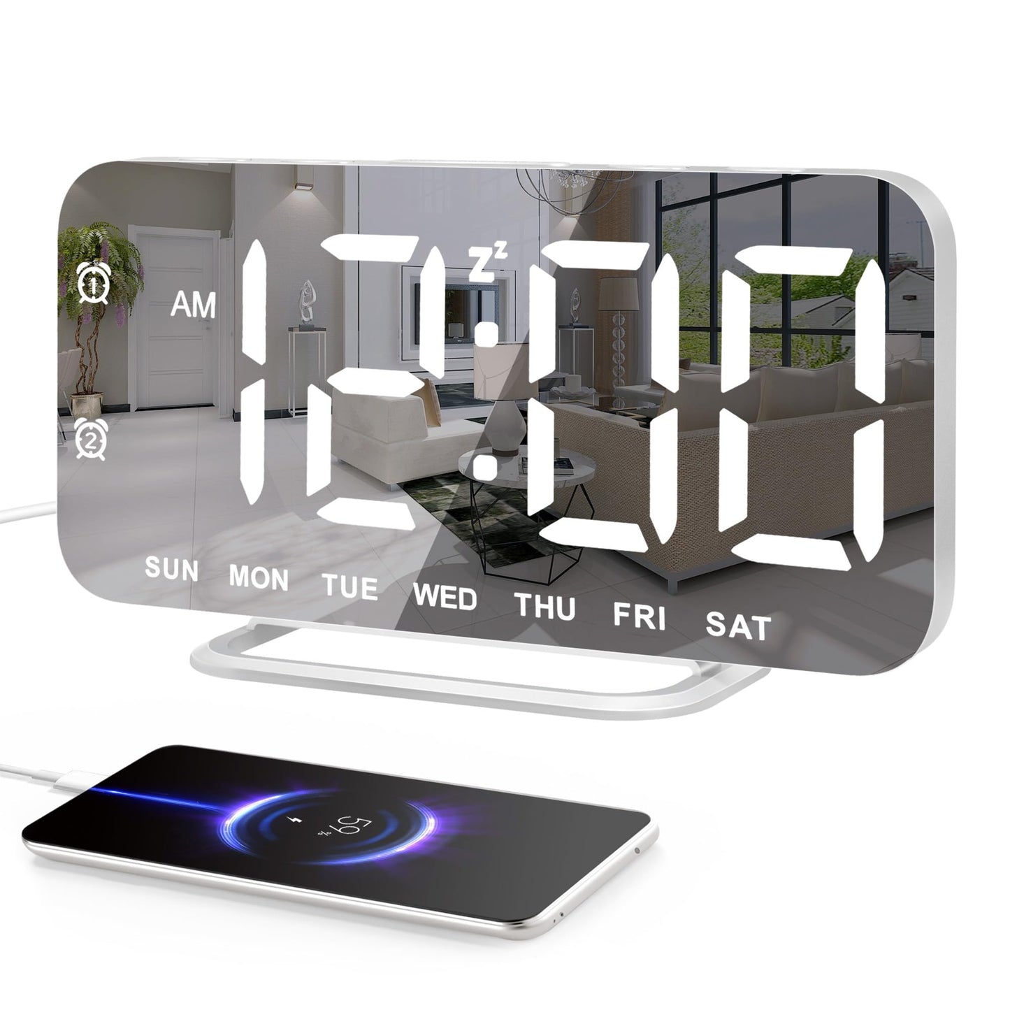Slim LED Digital Alarm Clock, Mirror Surface for Makeup, with Diming, Large Display, Easy Setting, USB Charger Ports, Modern Bedroom, Desk, Office Living Room Decor, Christmas Birthday for Women Girl