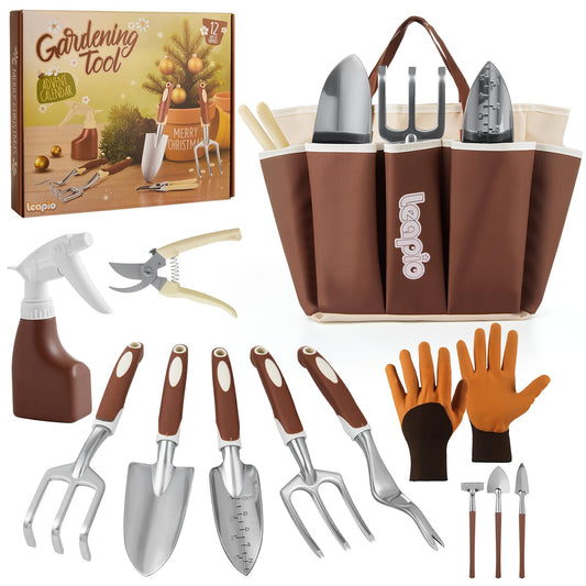 Leapio Gardening Gifts for Women Men, 12PCS Heavy Duty Garden Tools Set with Large Garden Bag and Gloves Pruning Shears, Unique Birthday Easter Gardening Gifts for Mom Dad Boyfriend Planting Lovers