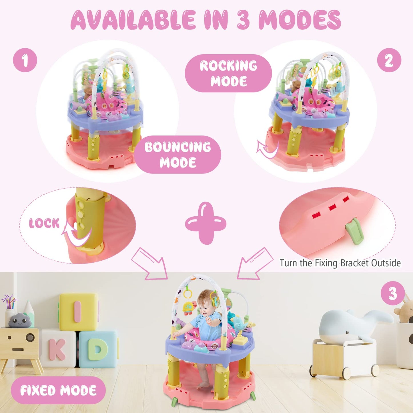 BABY JOY Baby Bouncer Activity Center, 3 in 1 Activity Center & Table | Infant Play Mat, Bouncing Activity Saucer w/Music, 3 Adjustable Height, 360° Seat for Babies 0-24 Months (Pink)
