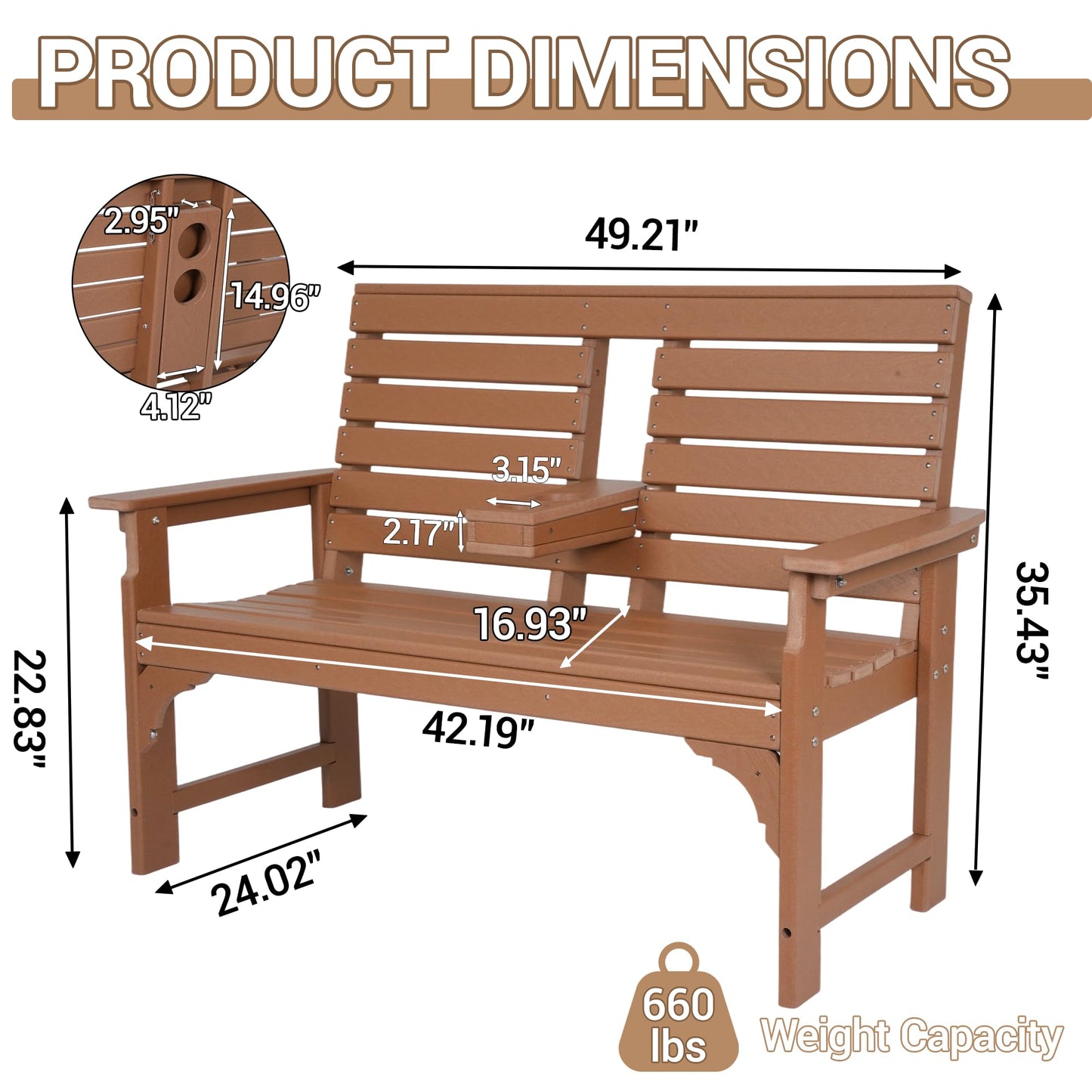 WENTUM Outdoor Bench with Cup Holders, HDPE 2-Person Weatherproof Patio Benches, Fade/Rot Resistance, Garden Bench for Front Porch Backyard Park, Brown