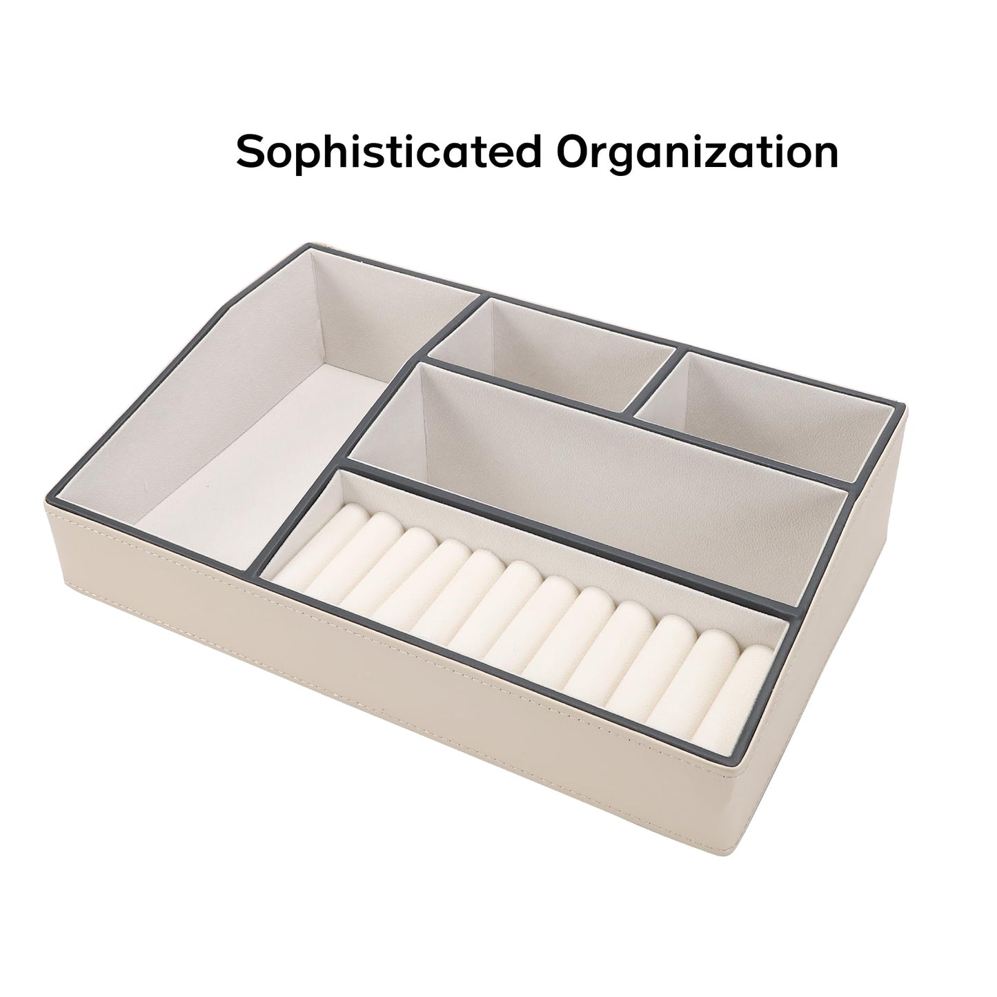 Fijxzct Faux Leather Valet Tray – 5-Compartment Desk Jewelry Trays, Phone Watch Organizer Catch-All Tray for Keys Wallet, Dresser Nightstand Office Entryway Storage (White)