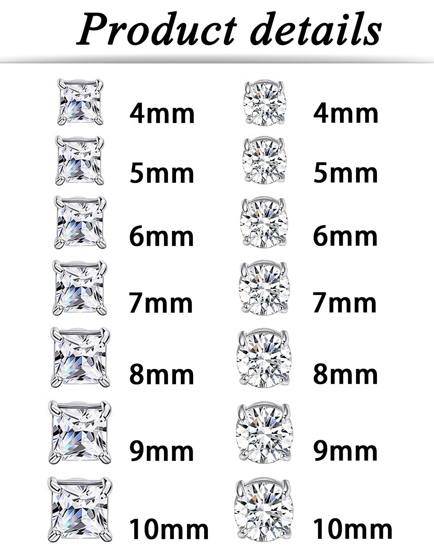 Ofeiyaa 14 Pairs Magnetic Earrings for Men Women Non Piercing Round Square CZ Stud Earrings Stainless Steel Fake Clip on Earring Jewelry Set 4-10MM Silver Color
