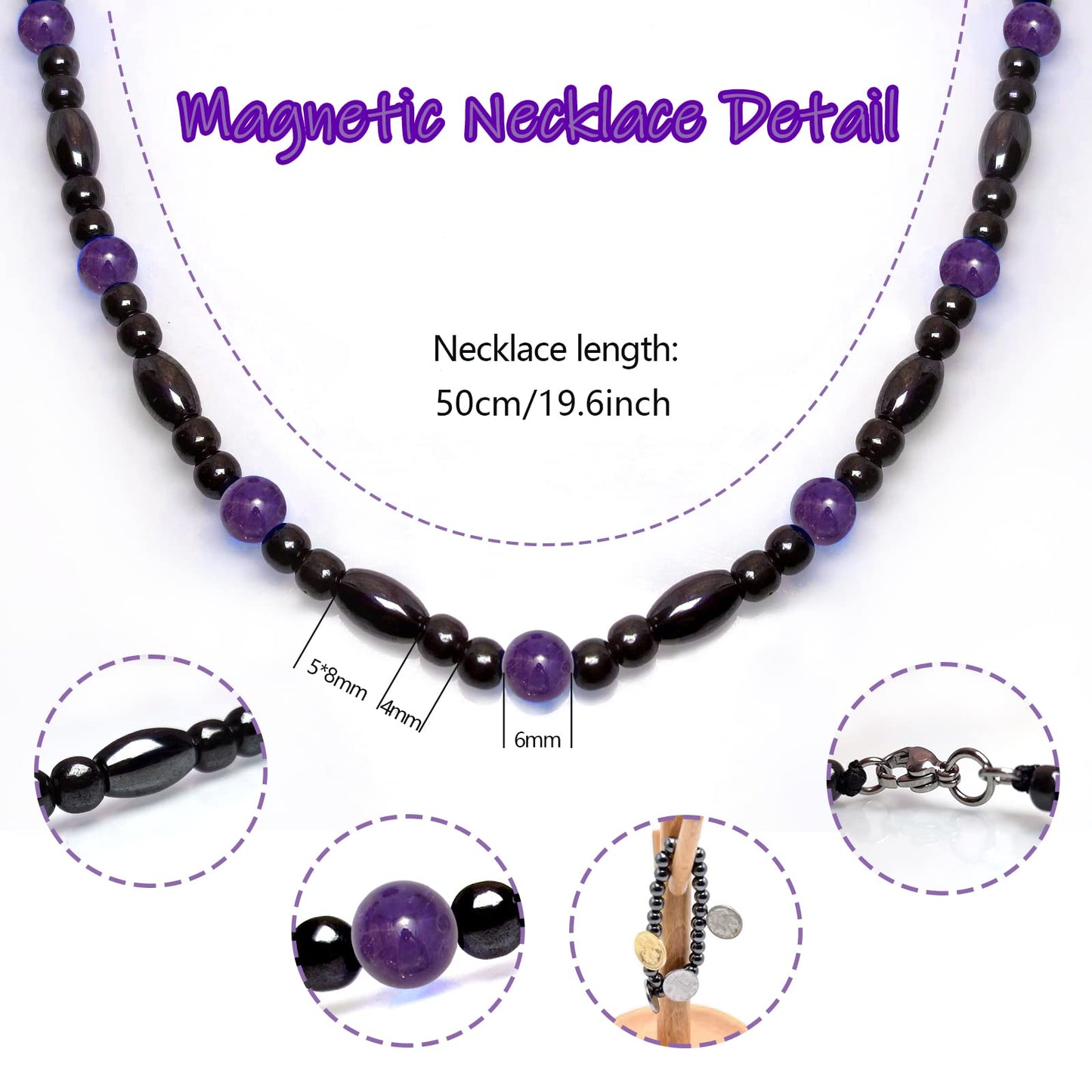 Hion Magnetic Black Obsidian & Purple Amethyst Necklace for Women Men, Natural Wellness Jewelry for Daily Comfort & Relaxation